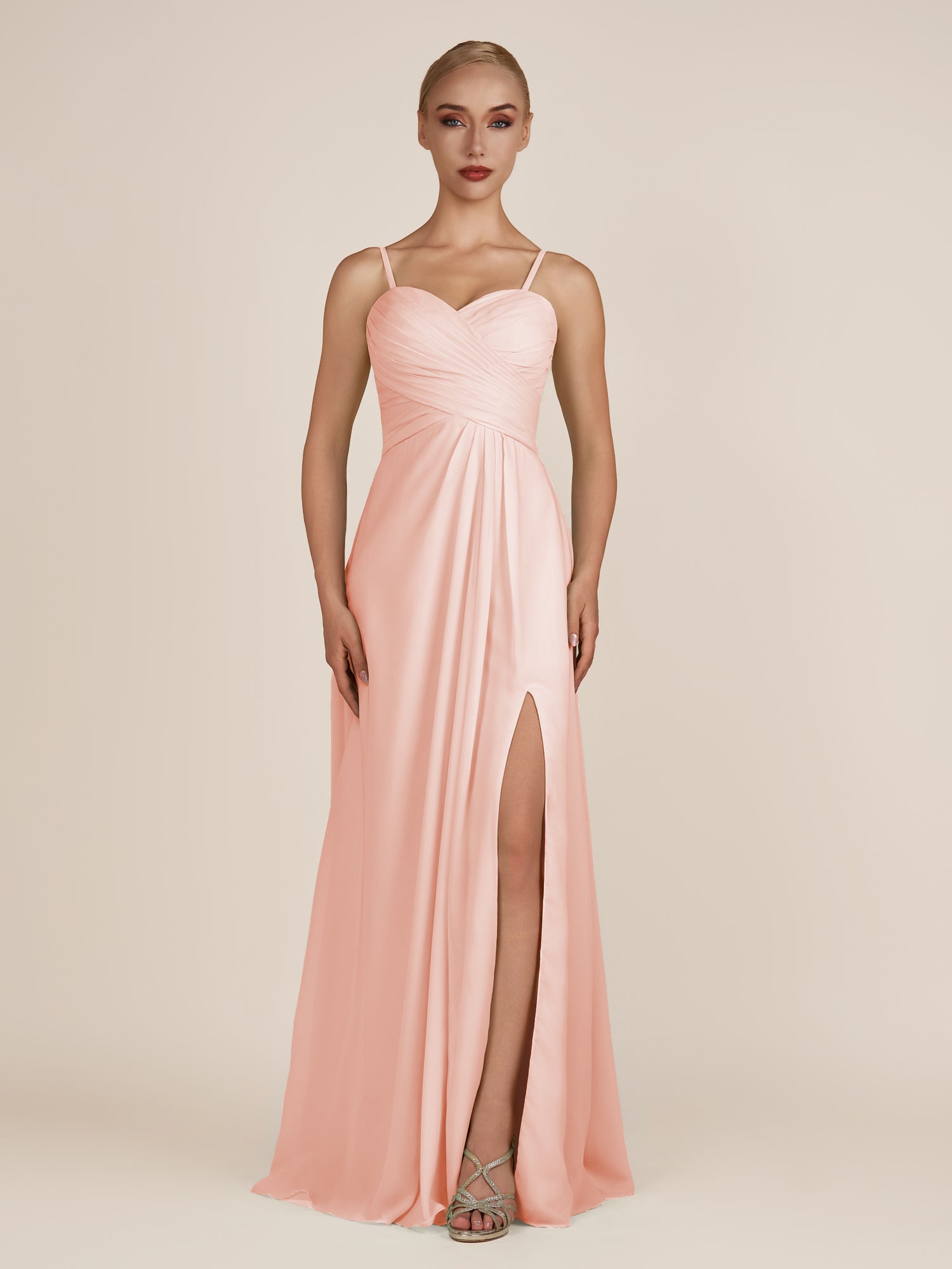 KissDress-Ysolina Rose Petal A Line Sweetheart Chiffon Pleated Long Bridesmaid Dress with Slit