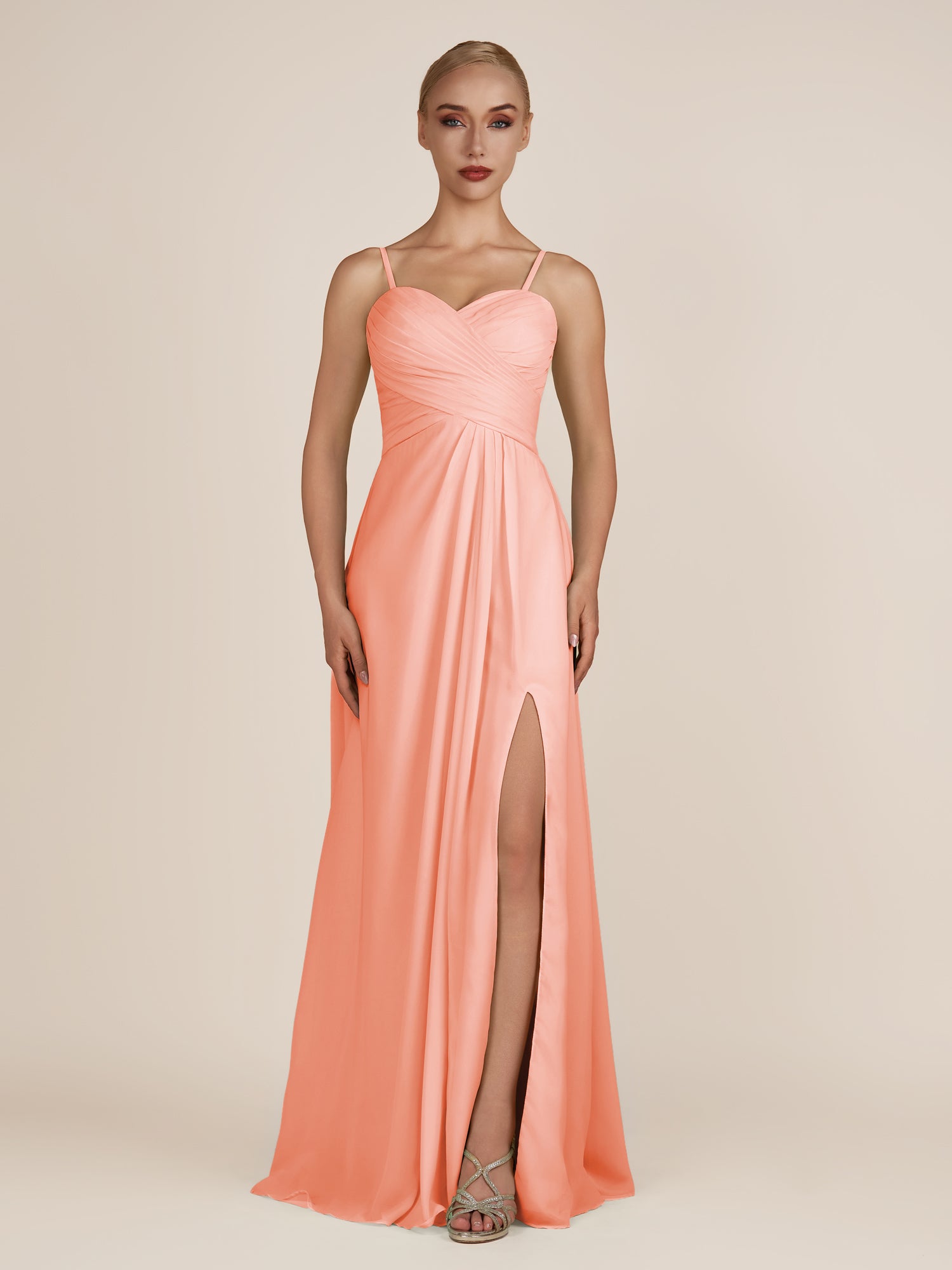 KissDress-Ysolina Rosette A Line Sweetheart Chiffon Pleated Long Bridesmaid Dress with Slit