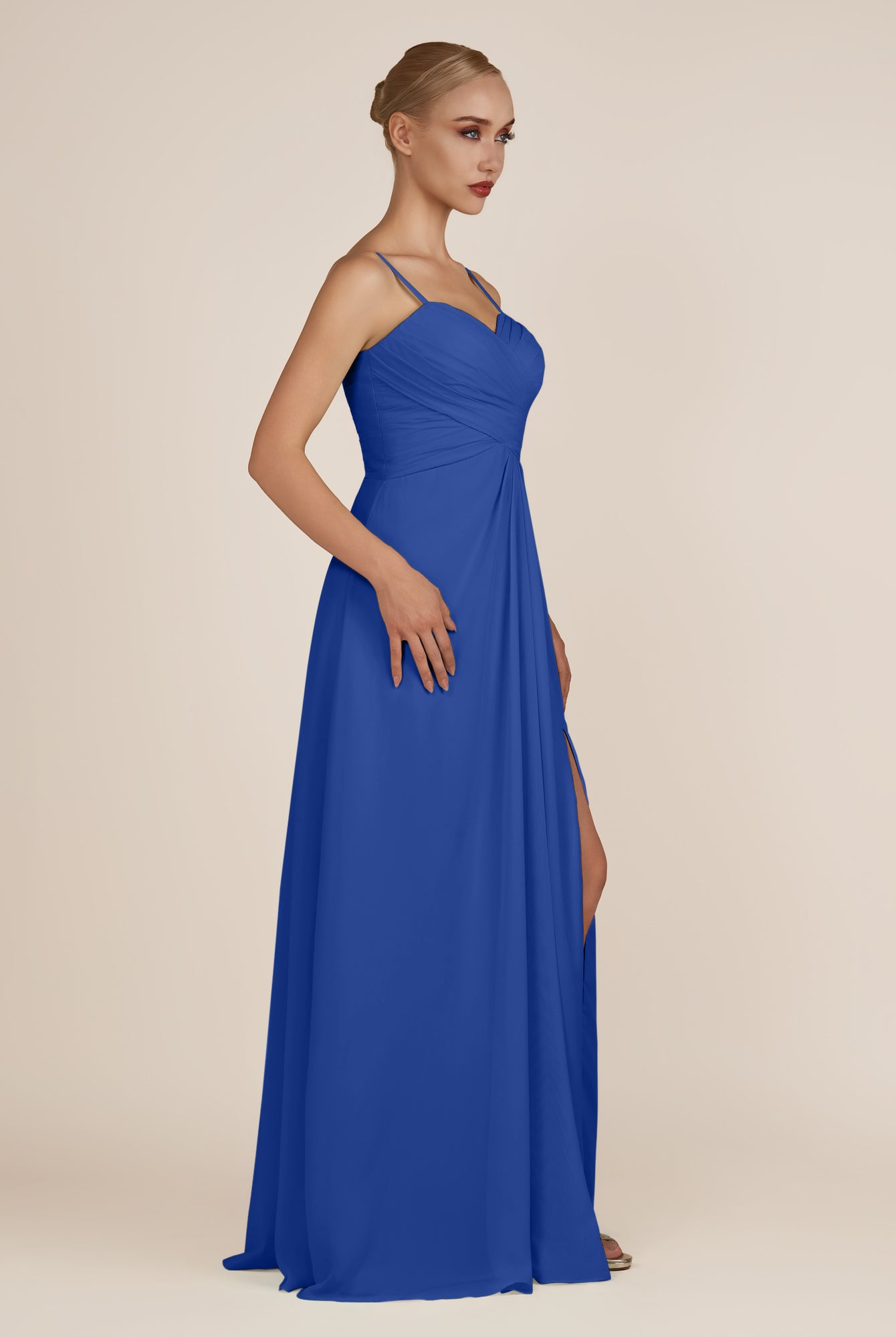 KissDress-Ysolina Royal Blue A Line Sweetheart Chiffon Pleated Long Bridesmaid Dress with Slit