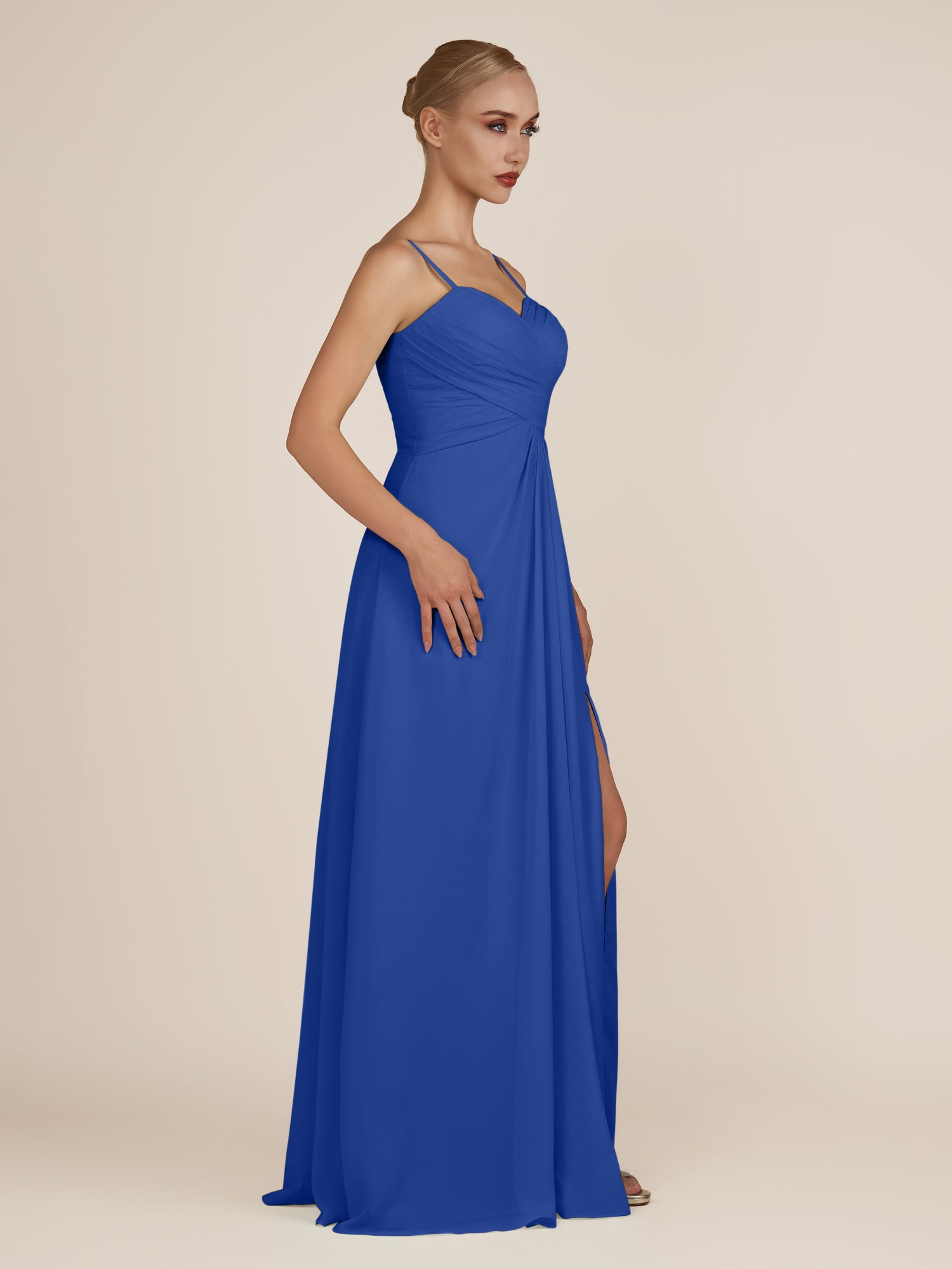 KissDress-Ysolina Royal Blue A Line Sweetheart Chiffon Pleated Long Bridesmaid Dress with Slit