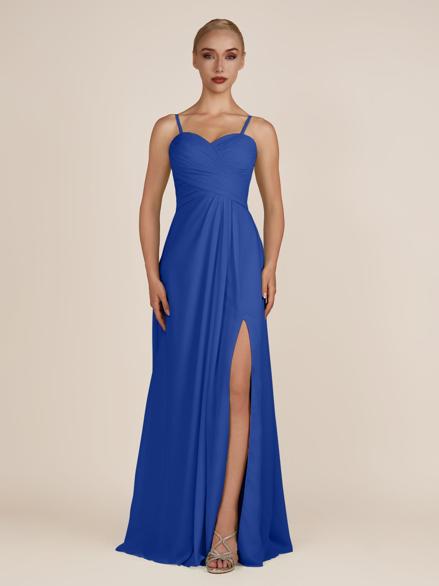 KissDress-Ysolina Royal Blue A Line Sweetheart Chiffon Pleated Long Bridesmaid Dress with Slit