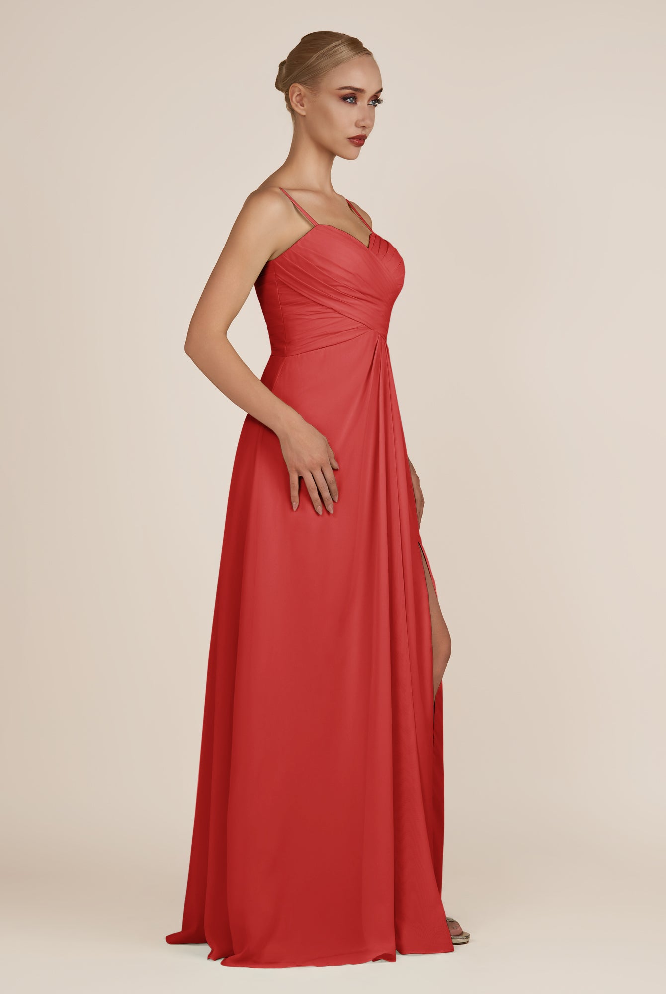 KissDress-Ysolina Ruby Red A Line Sweetheart Chiffon Pleated Long Bridesmaid Dress with Slit