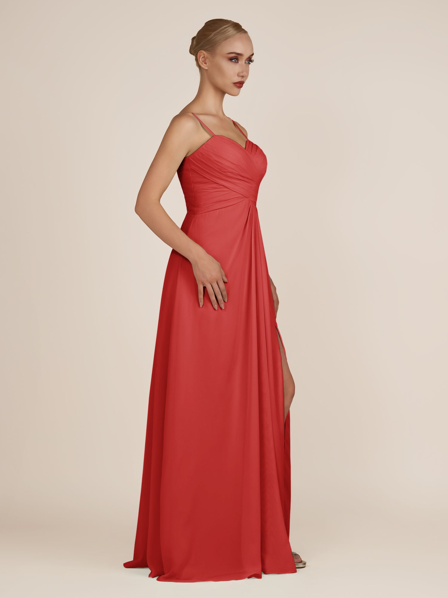 KissDress-Ysolina Ruby Red A Line Sweetheart Chiffon Pleated Long Bridesmaid Dress with Slit