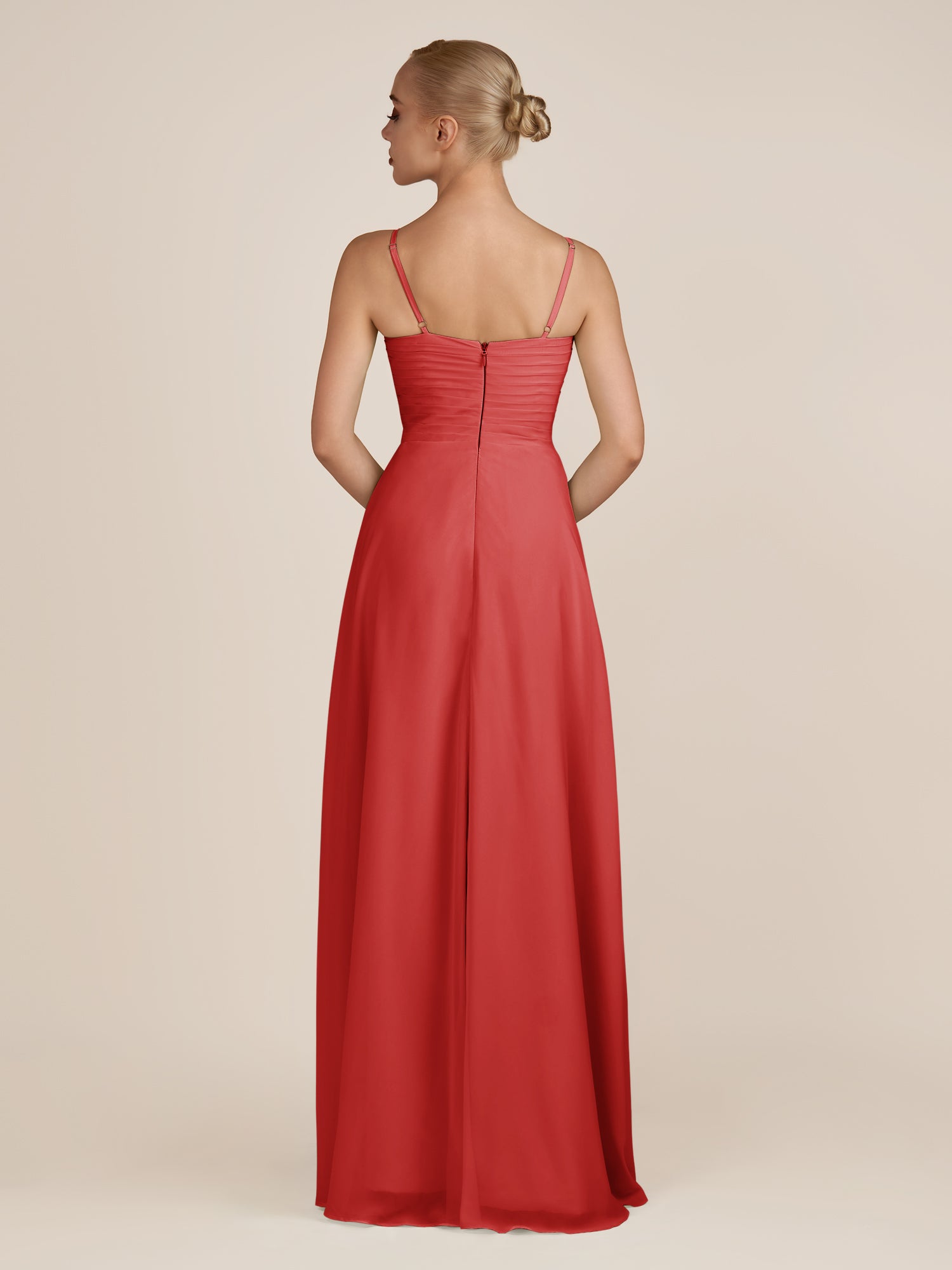 KissDress-Ysolina Ruby Red A Line Sweetheart Chiffon Pleated Long Bridesmaid Dress with Slit