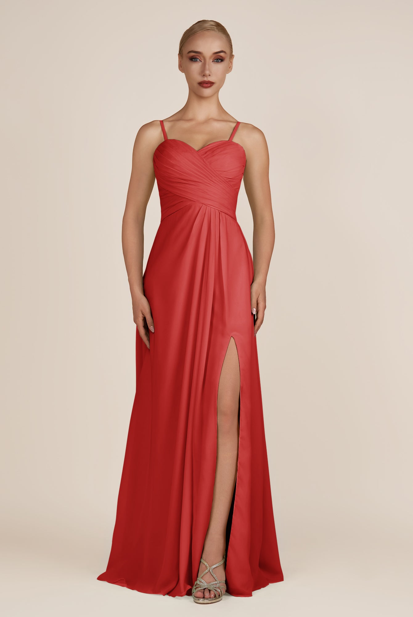KissDress-Ysolina Ruby Red A Line Sweetheart Chiffon Pleated Long Bridesmaid Dress with Slit
