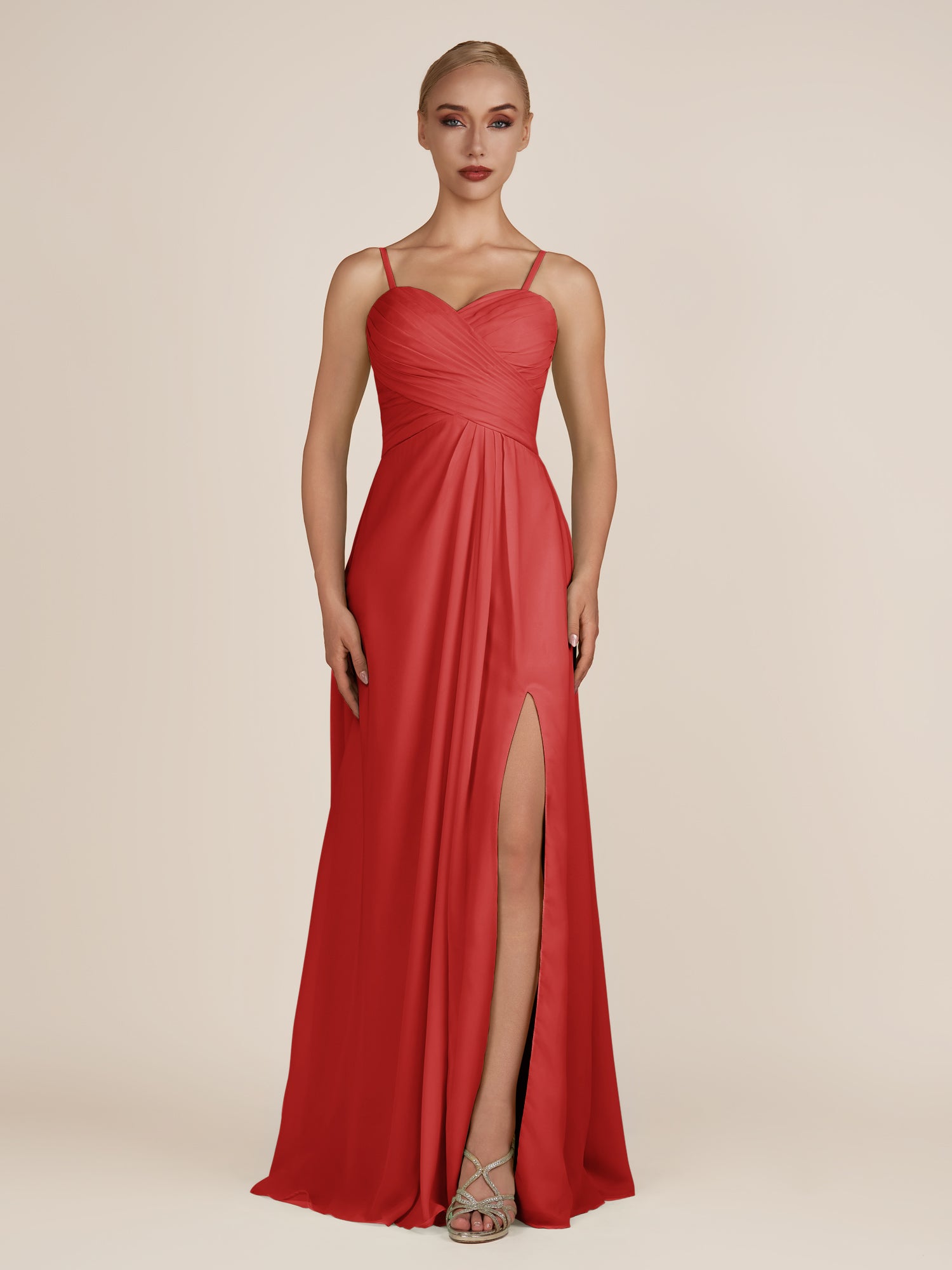 KissDress-Ysolina Ruby Red A Line Sweetheart Chiffon Pleated Long Bridesmaid Dress with Slit