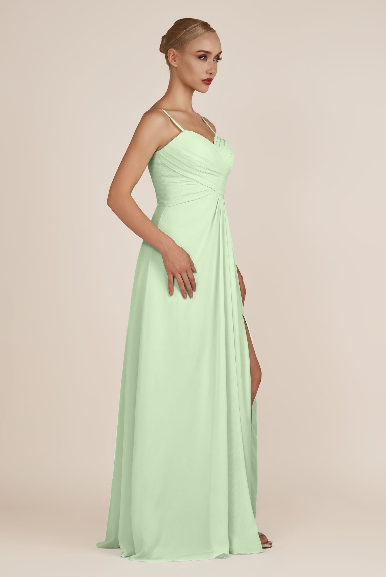 KissDress-Ysolina Sage A Line Sweetheart Chiffon Pleated Long Bridesmaid Dress with Slit