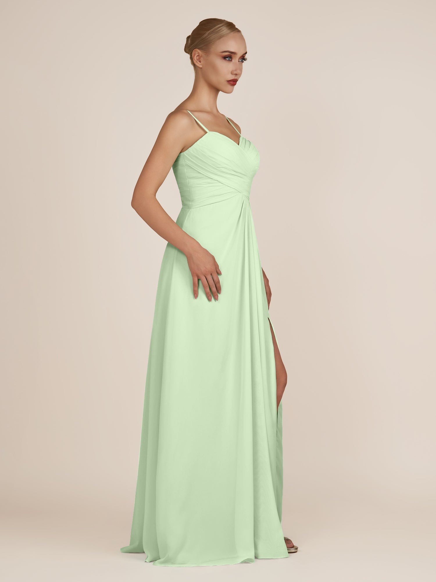 KissDress-Ysolina Sage A Line Sweetheart Chiffon Pleated Long Bridesmaid Dress with Slit