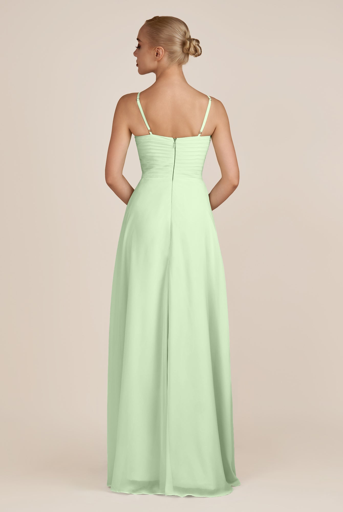 KissDress-Ysolina Sage A Line Sweetheart Chiffon Pleated Long Bridesmaid Dress with Slit