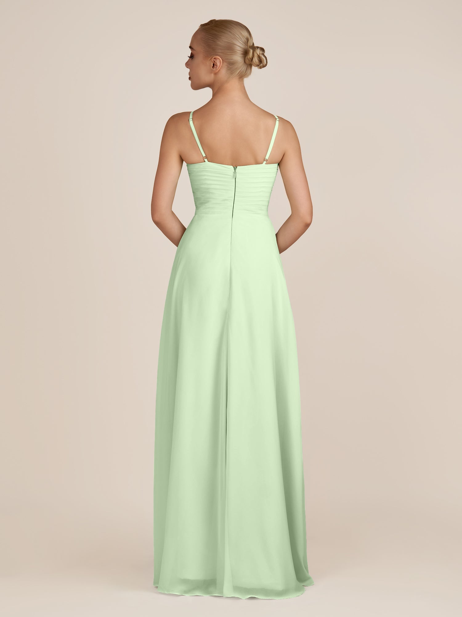KissDress-Ysolina Sage A Line Sweetheart Chiffon Pleated Long Bridesmaid Dress with Slit