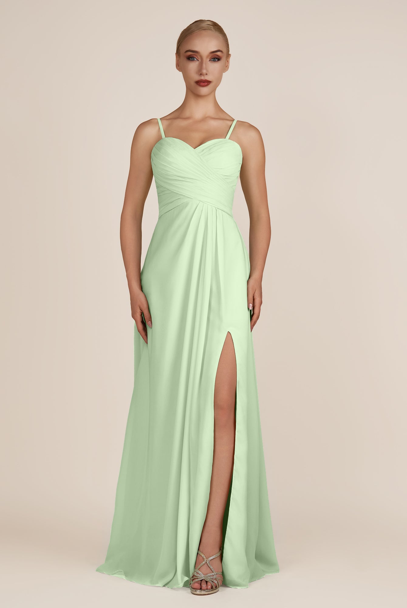 KissDress-Ysolina Sage A Line Sweetheart Chiffon Pleated Long Bridesmaid Dress with Slit