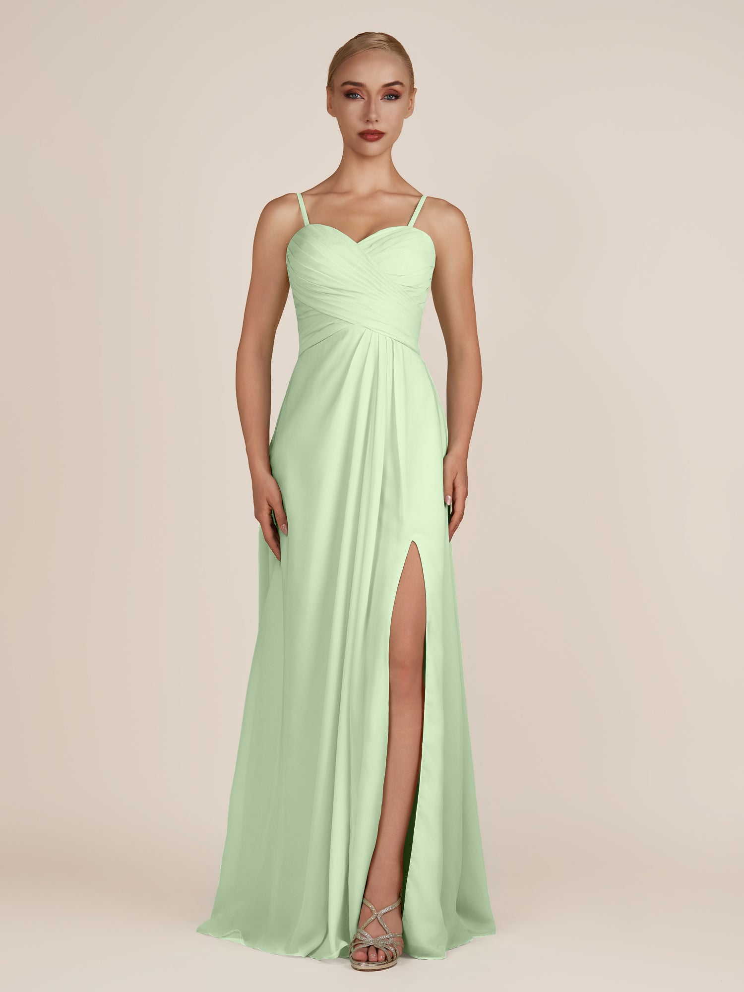 KissDress-Ysolina Sage A Line Sweetheart Chiffon Pleated Long Bridesmaid Dress with Slit