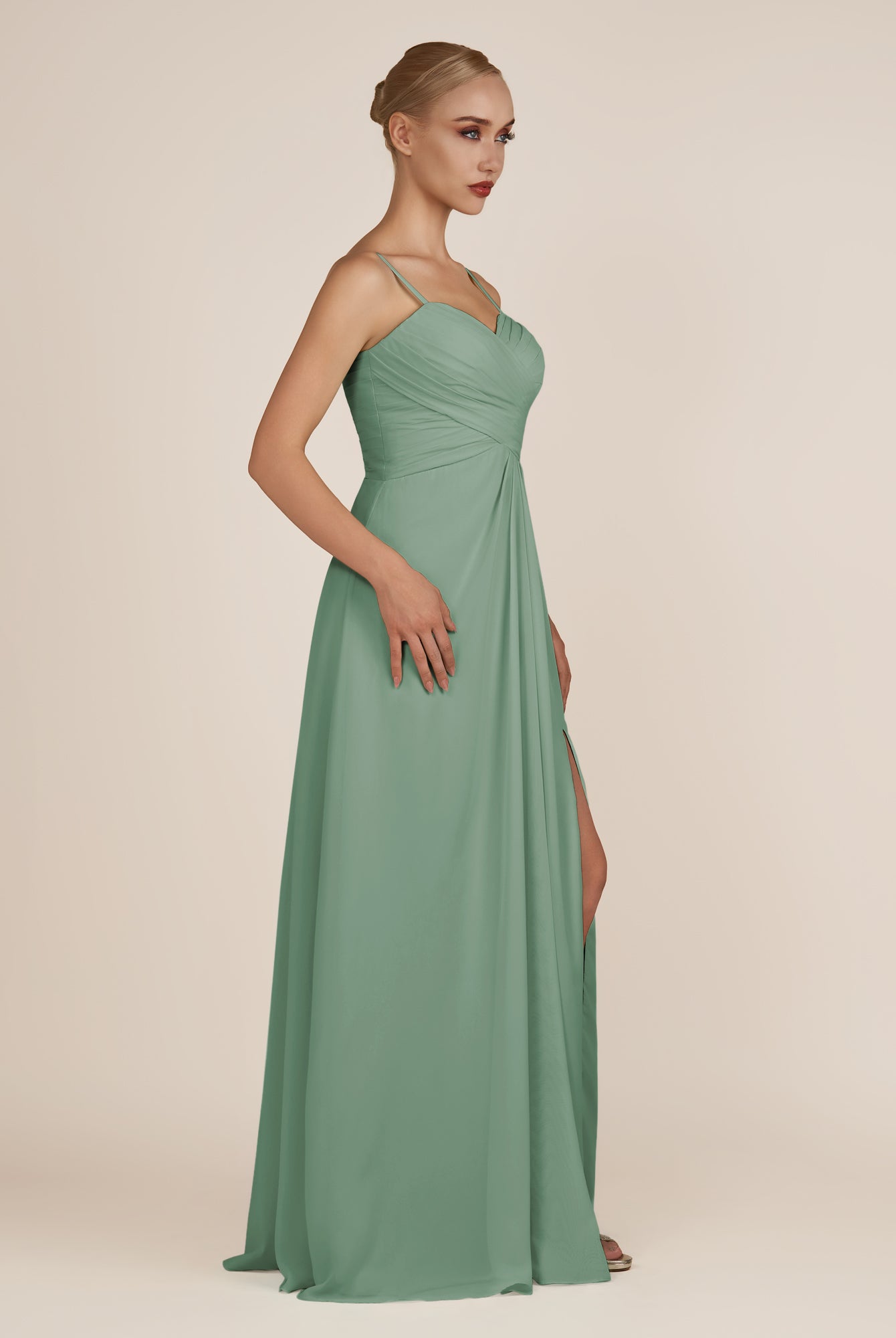 KissDress-Ysolina Sea Glass A Line Sweetheart Chiffon Pleated Long Bridesmaid Dress with Slit