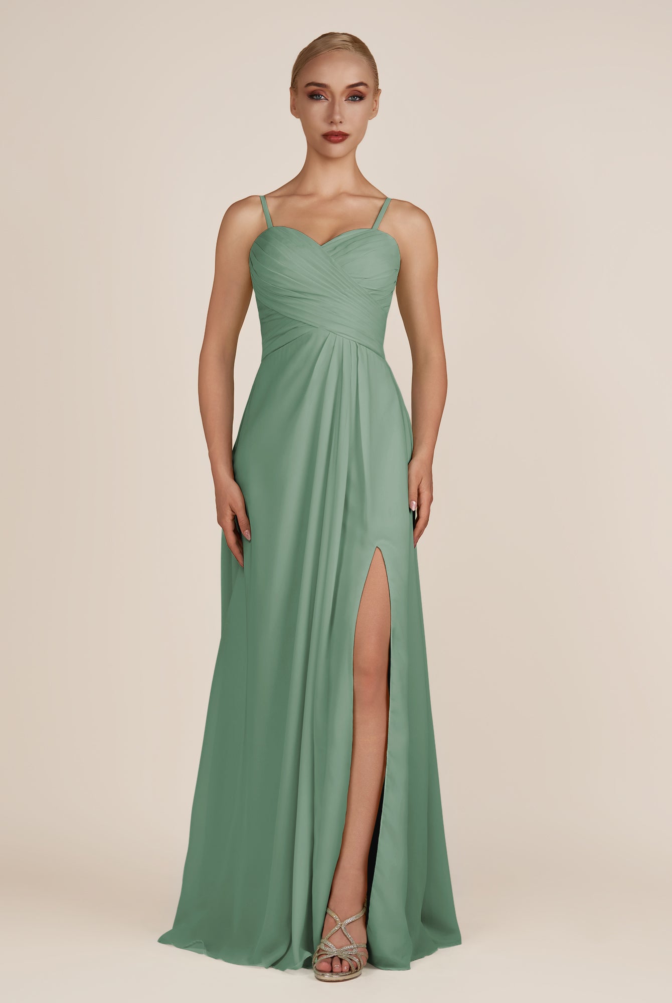KissDress-Ysolina Sea Glass A Line Sweetheart Chiffon Pleated Long Bridesmaid Dress with Slit