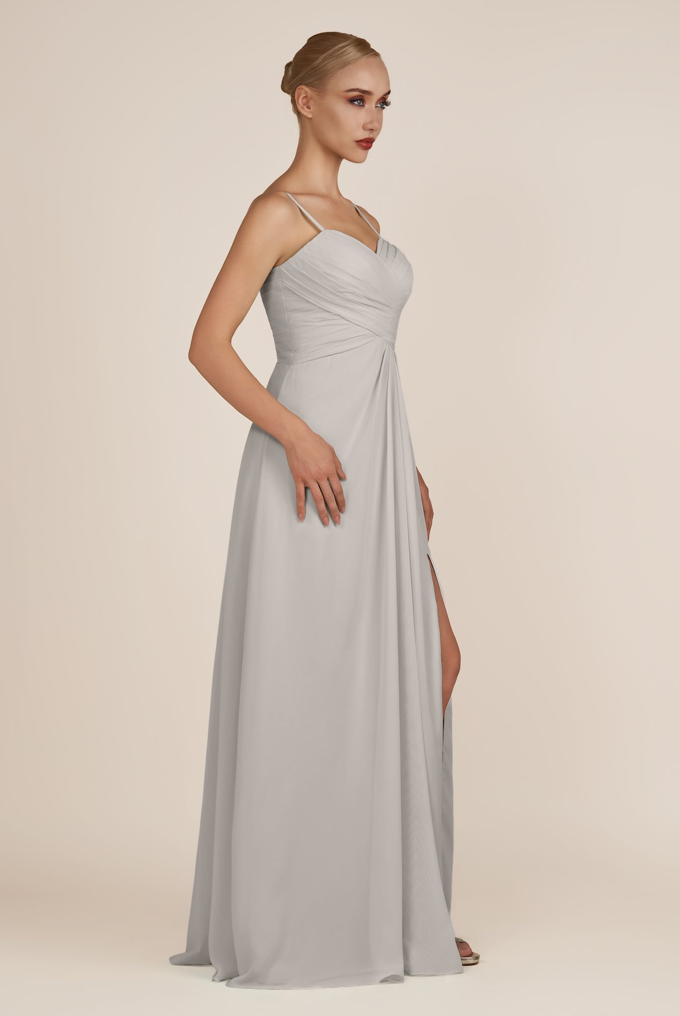 KissDress-Ysolina Silver A Line Sweetheart Chiffon Pleated Long Bridesmaid Dress with Slit