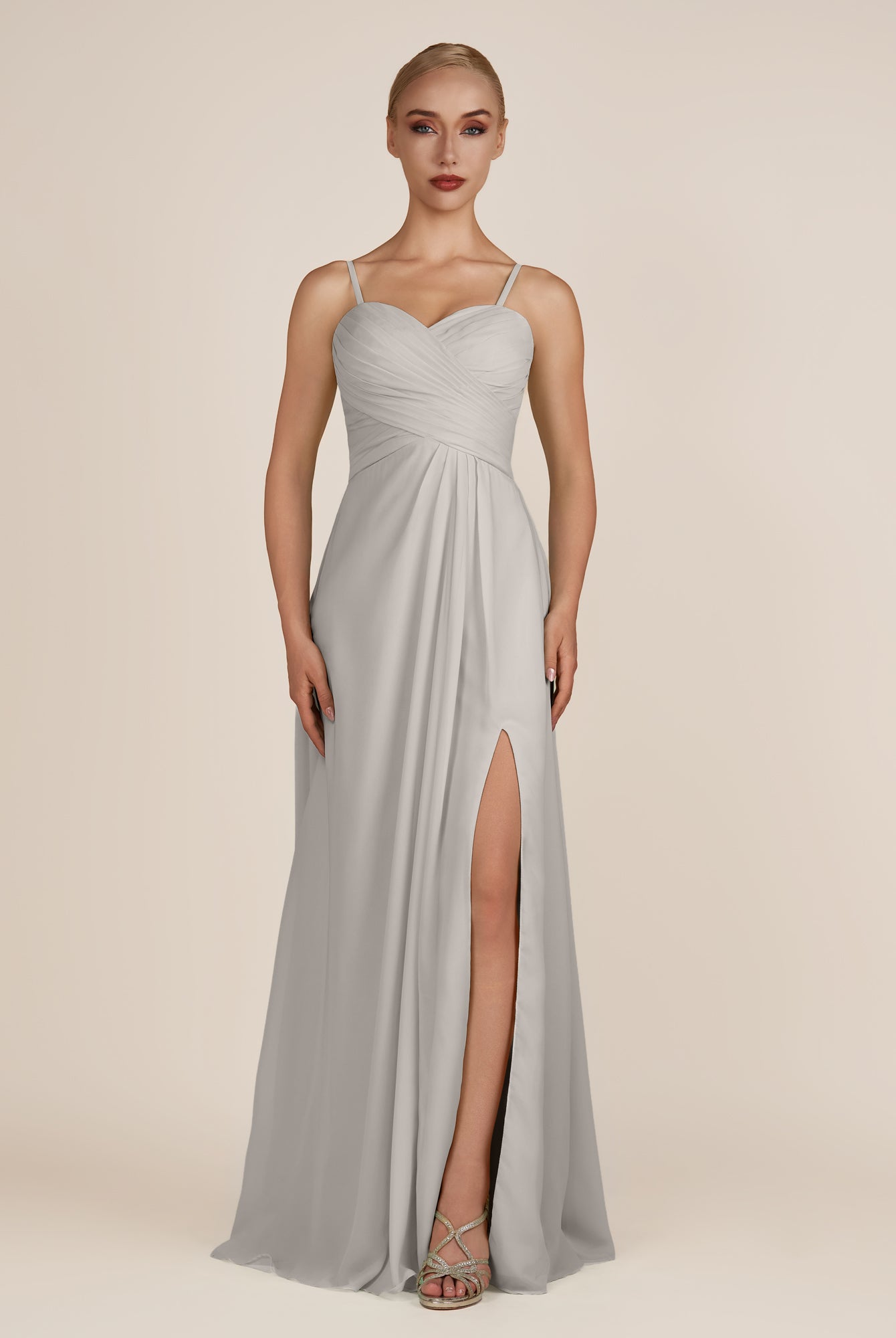 KissDress-Ysolina Silver A Line Sweetheart Chiffon Pleated Long Bridesmaid Dress with Slit