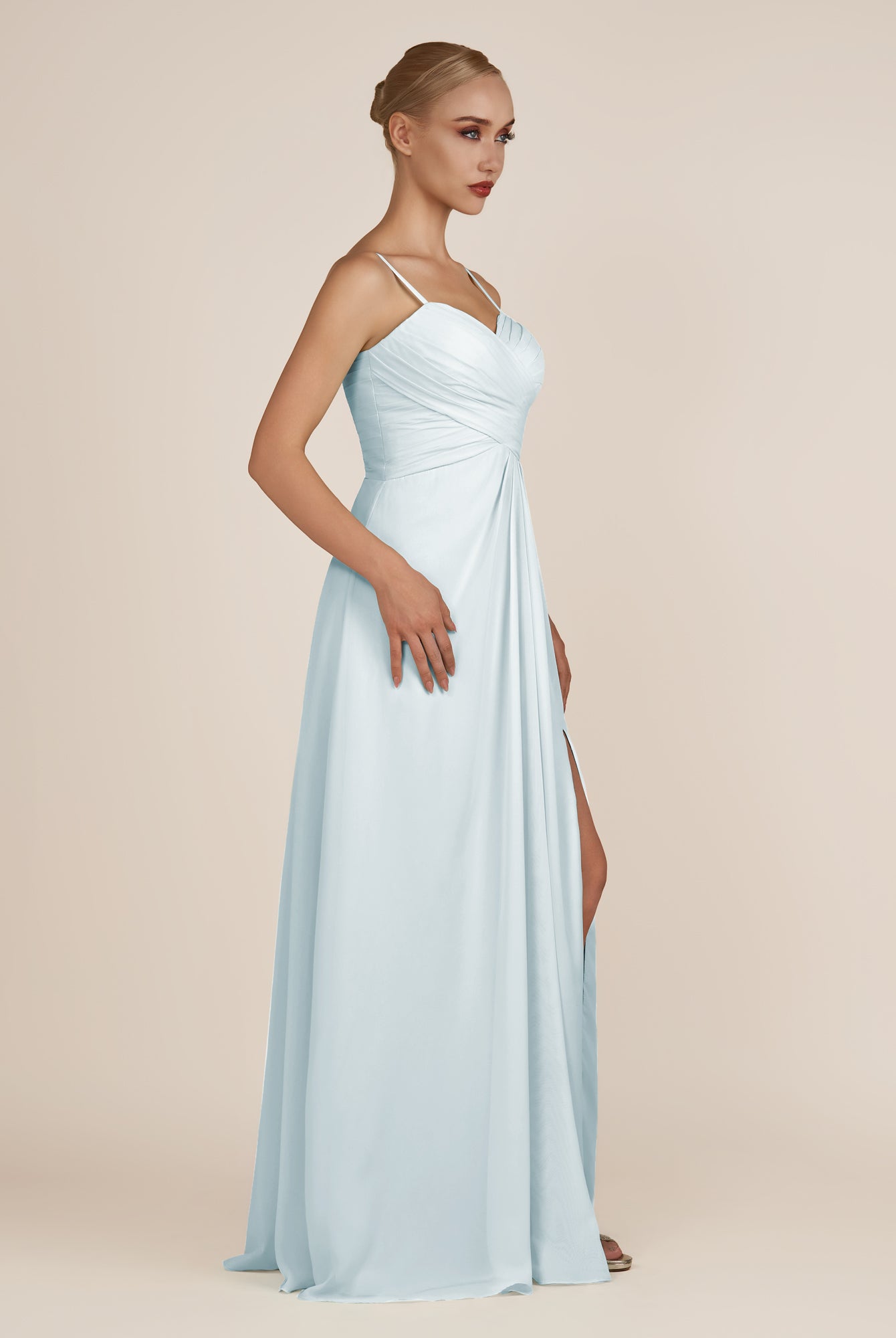 KissDress-Ysolina Sky Blue A Line Sweetheart Chiffon Pleated Long Bridesmaid Dress with Slit
