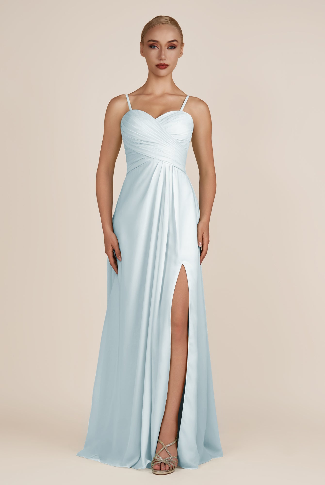 KissDress-Ysolina Sky Blue A Line Sweetheart Chiffon Pleated Long Bridesmaid Dress with Slit