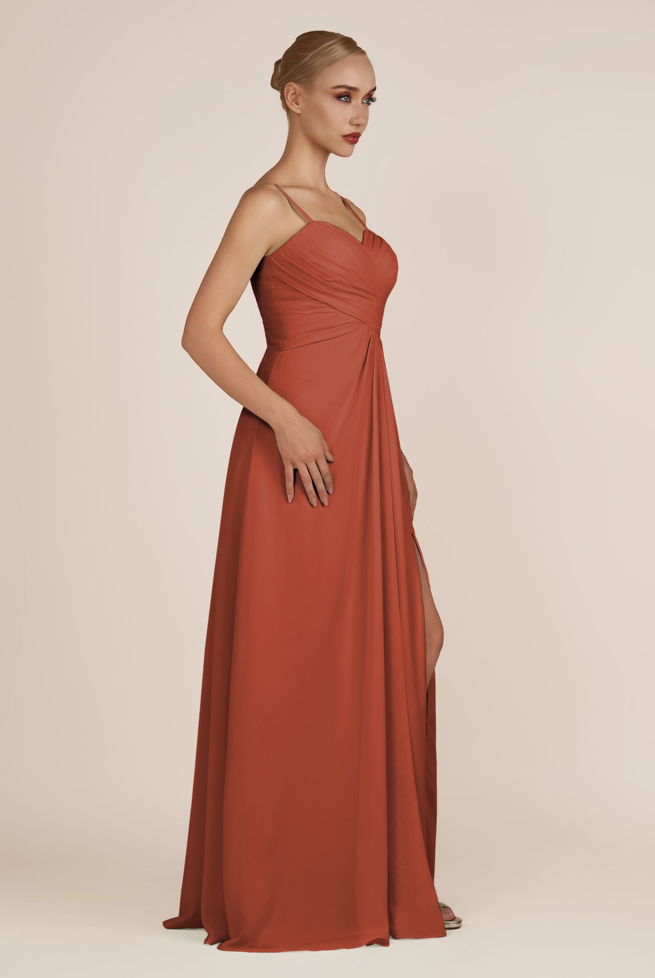 KissDress-Ysolina Spice A Line Sweetheart Chiffon Pleated Long Bridesmaid Dress with Slit