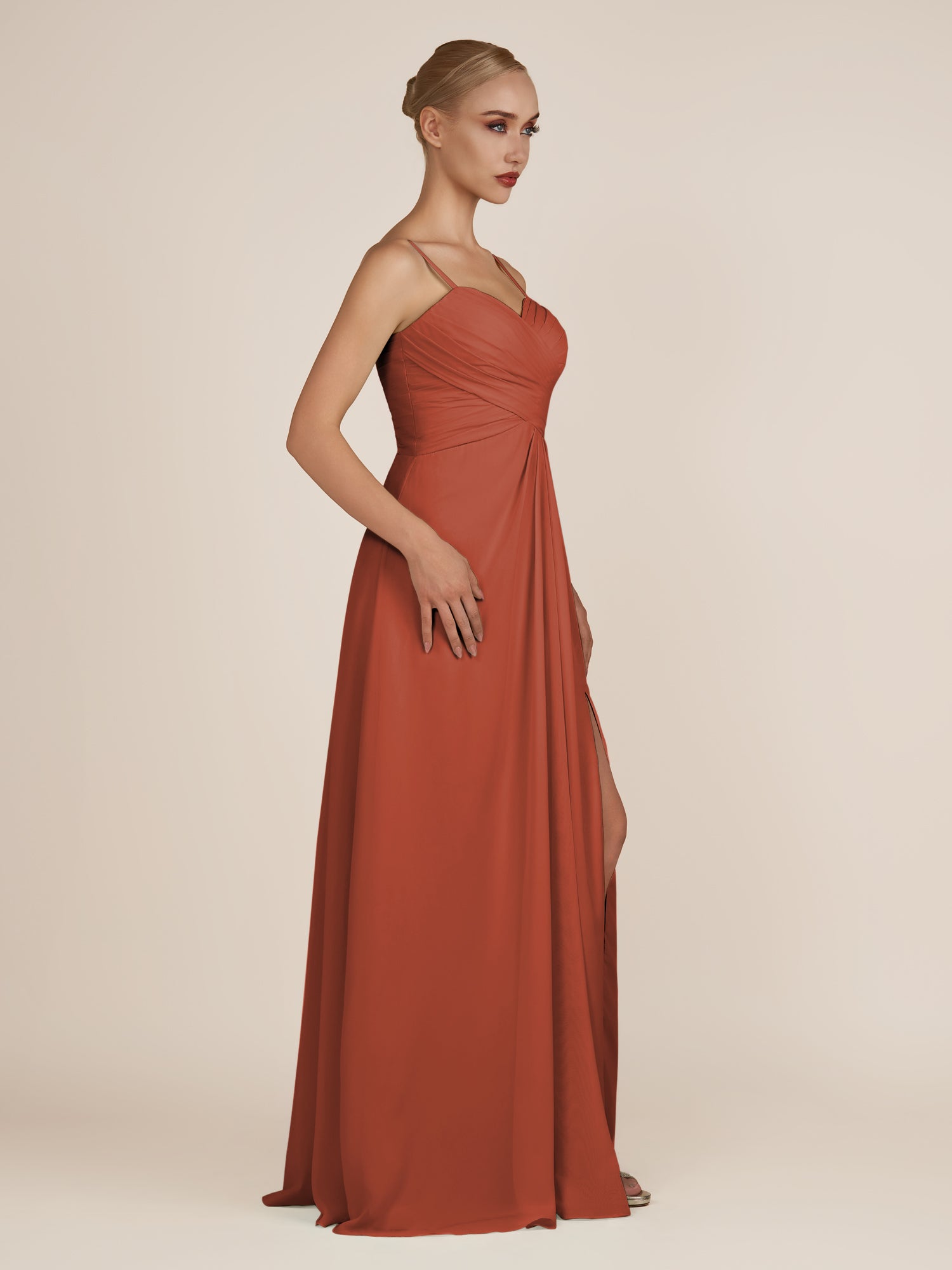 KissDress-Ysolina Spice A Line Sweetheart Chiffon Pleated Long Bridesmaid Dress with Slit