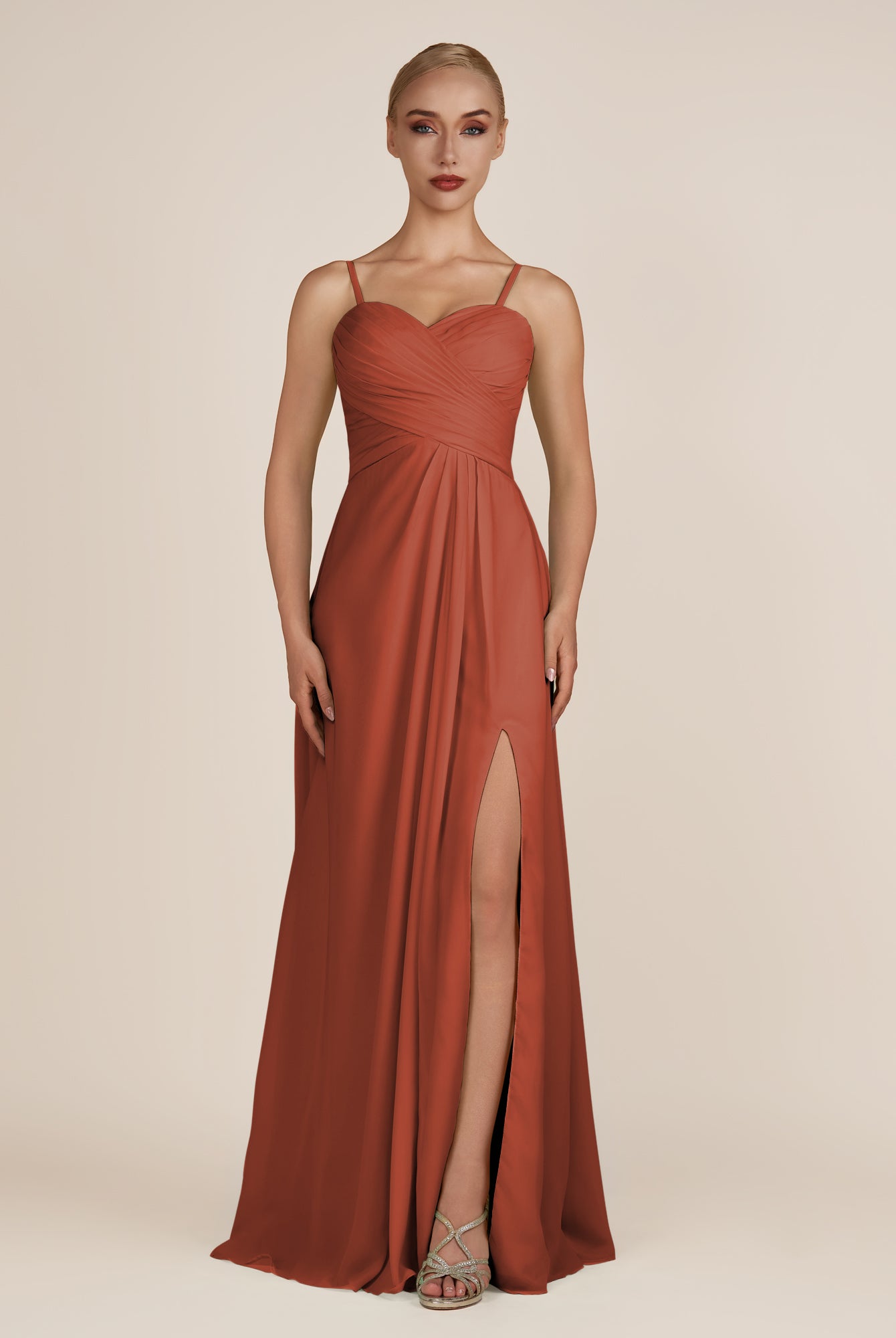 KissDress-Ysolina Spice A Line Sweetheart Chiffon Pleated Long Bridesmaid Dress with Slit
