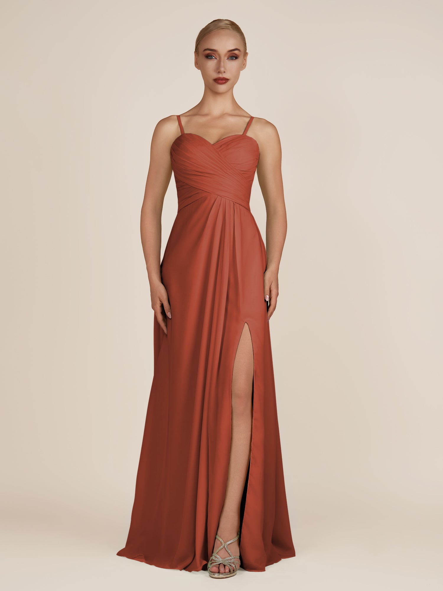 KissDress-Ysolina Spice A Line Sweetheart Chiffon Pleated Long Bridesmaid Dress with Slit