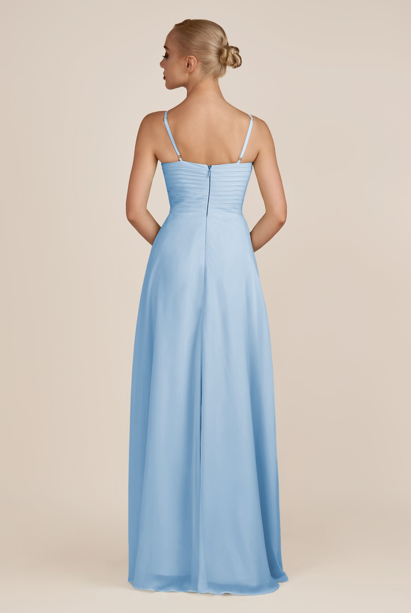 KissDress-Ysolina Steel Blue A Line Sweetheart Chiffon Pleated Long Bridesmaid Dress with Slit