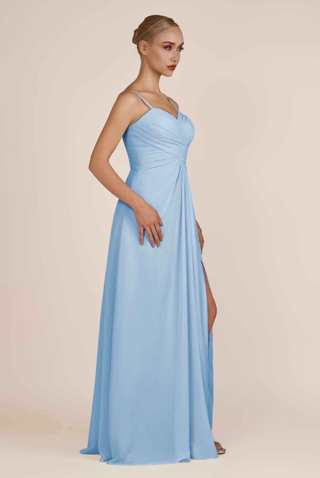 KissDress-Ysolina Steel Blue A Line Sweetheart Chiffon Pleated Long Bridesmaid Dress with Slit