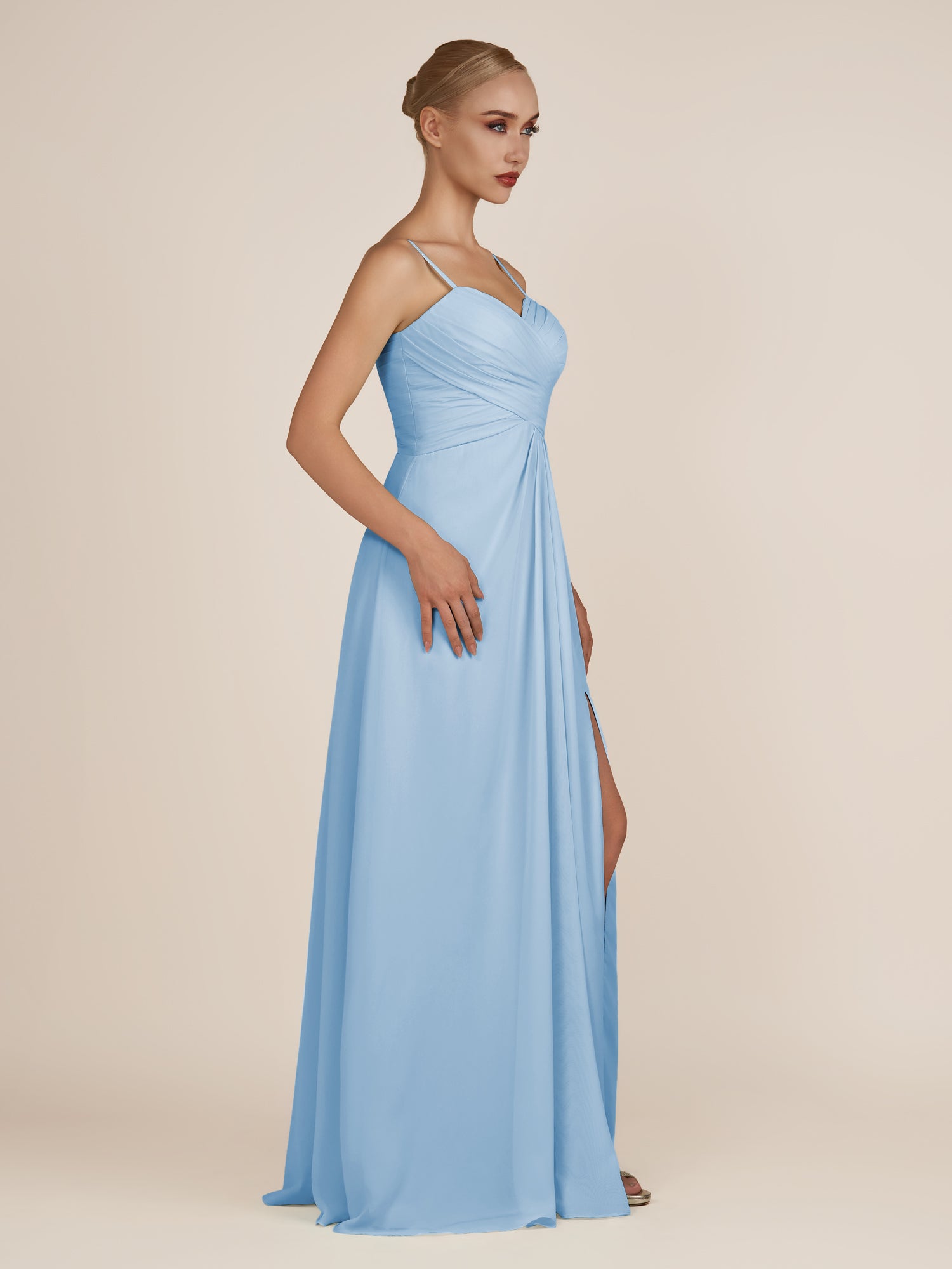 KissDress-Ysolina Steel Blue A Line Sweetheart Chiffon Pleated Long Bridesmaid Dress with Slit