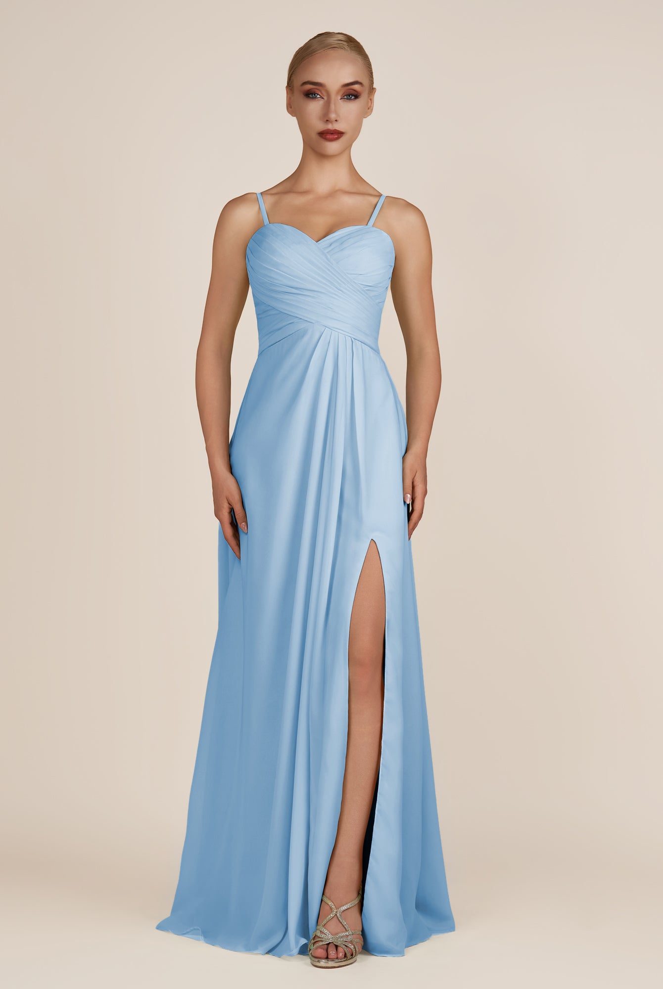 KissDress-Ysolina Steel Blue A Line Sweetheart Chiffon Pleated Long Bridesmaid Dress with Slit