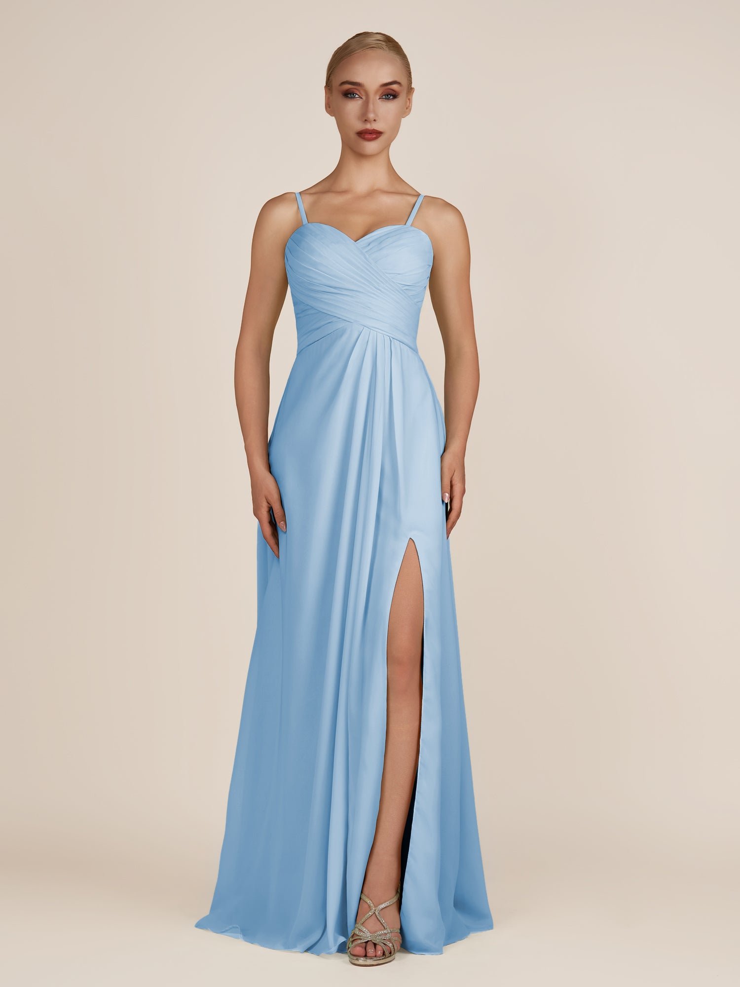 KissDress-Ysolina Steel Blue A Line Sweetheart Chiffon Pleated Long Bridesmaid Dress with Slit