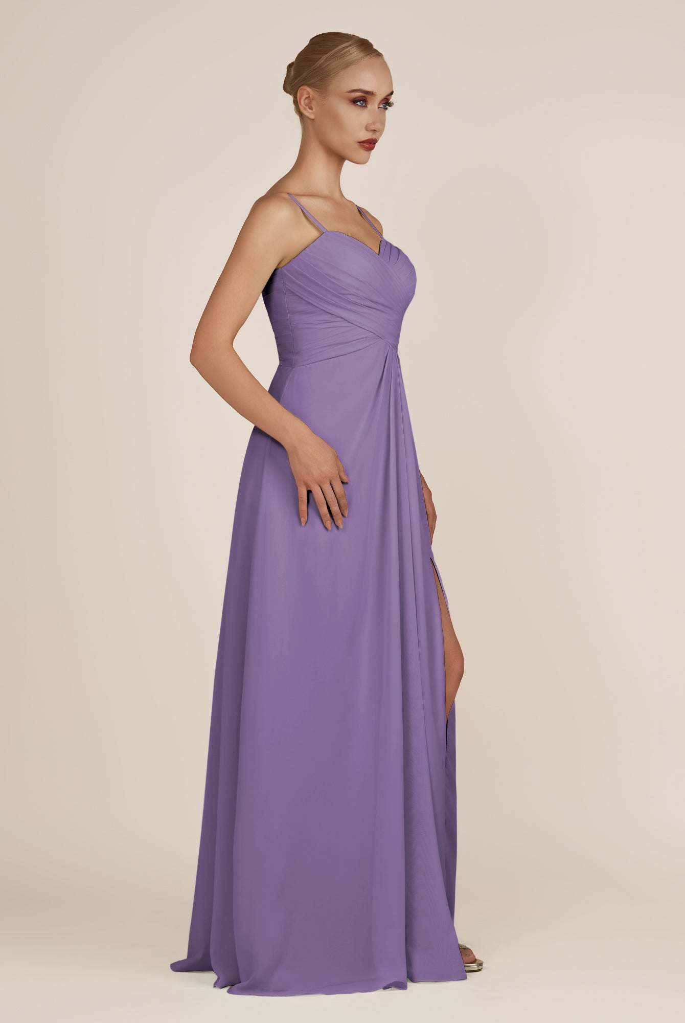 KissDress-Ysolina Tahiti A Line Sweetheart Chiffon Pleated Long Bridesmaid Dress with Slit