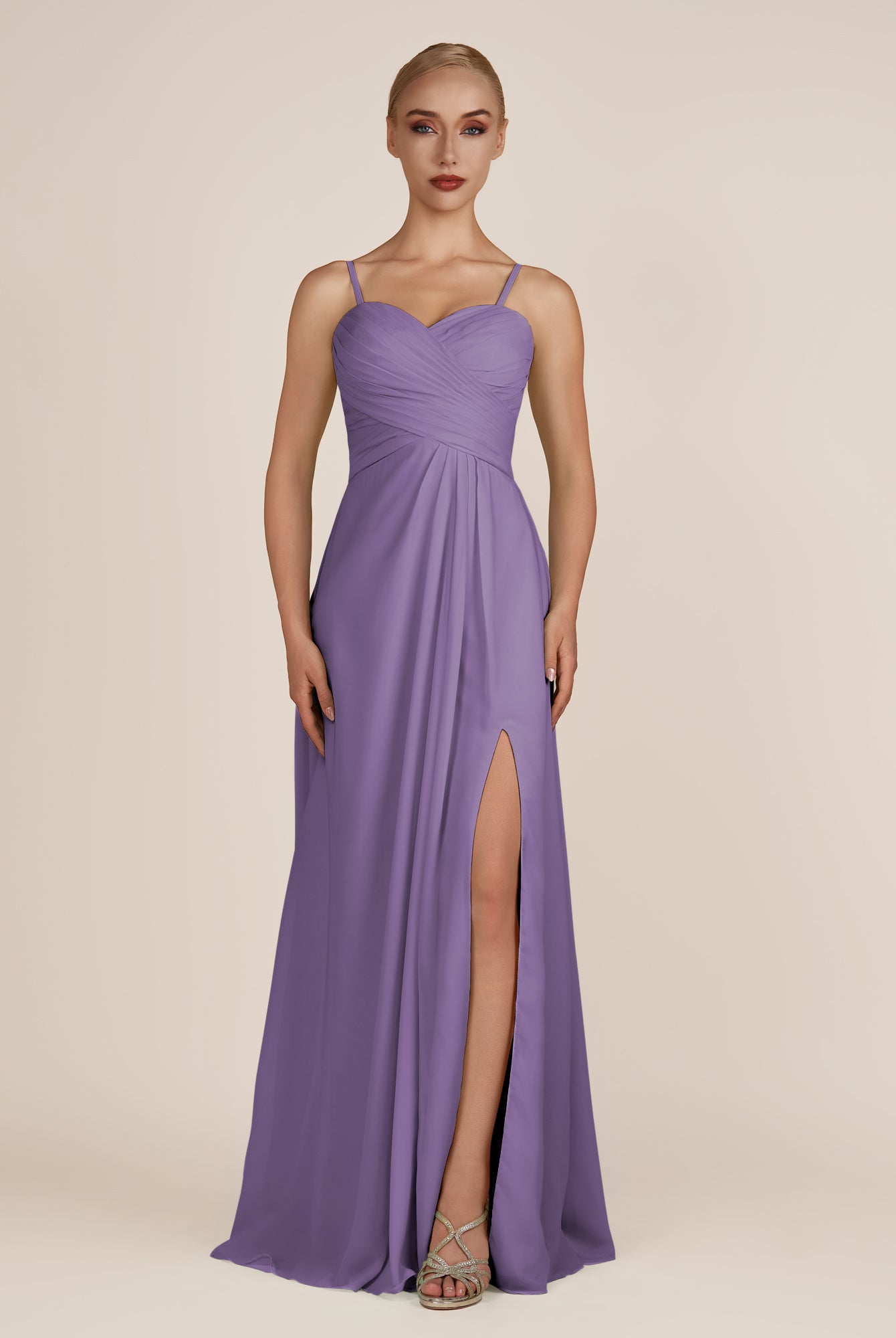 KissDress-Ysolina Tahiti A Line Sweetheart Chiffon Pleated Long Bridesmaid Dress with Slit