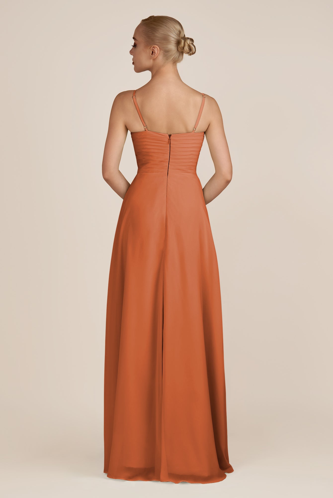 KissDress-Ysolina Terracotta A Line Sweetheart Chiffon Pleated Long Bridesmaid Dress with Slit