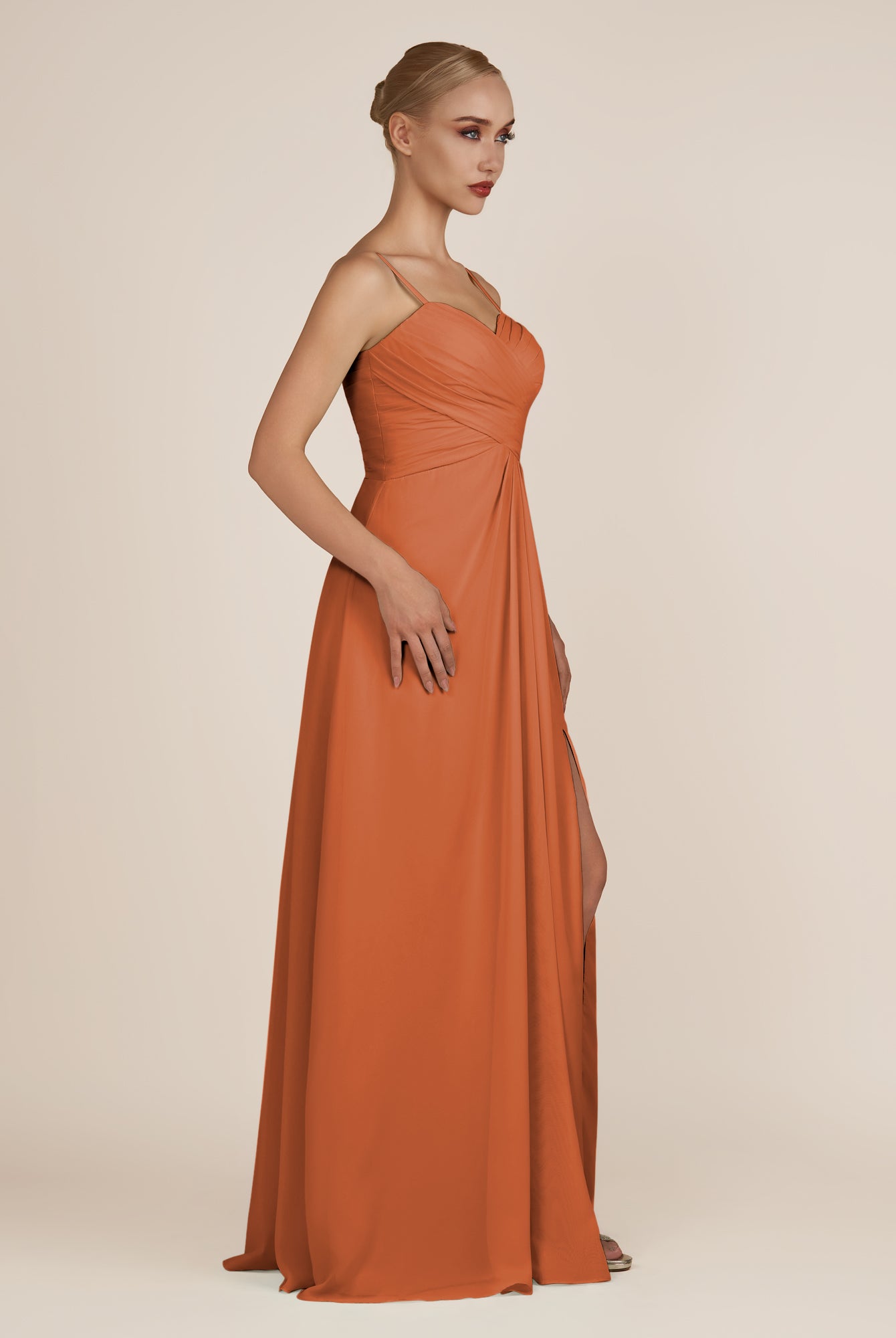 KissDress-Ysolina Terracotta A Line Sweetheart Chiffon Pleated Long Bridesmaid Dress with Slit