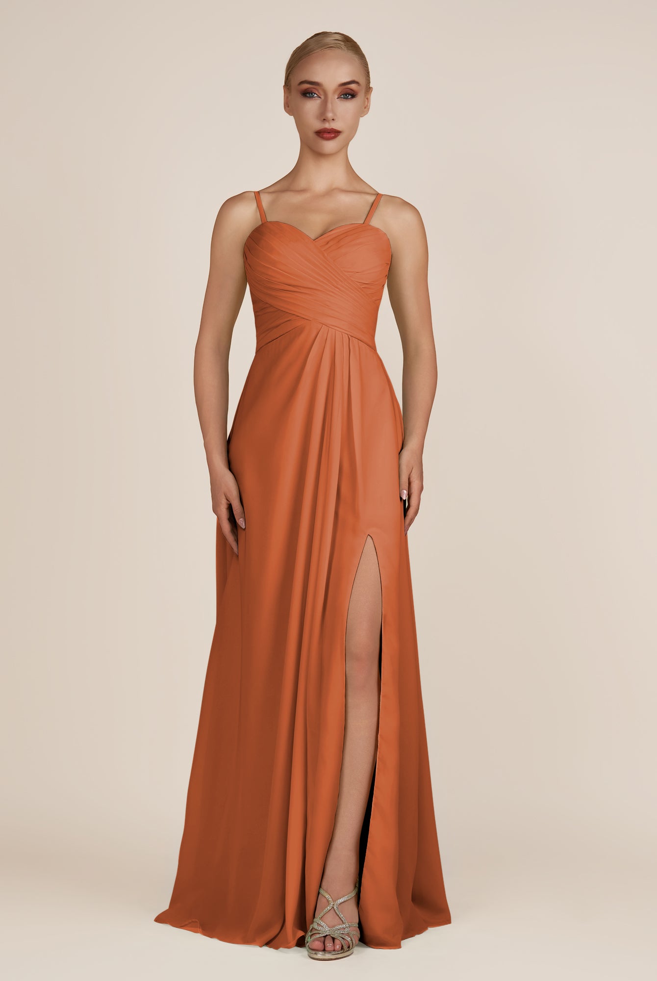 KissDress-Ysolina Terracotta A Line Sweetheart Chiffon Pleated Long Bridesmaid Dress with Slit
