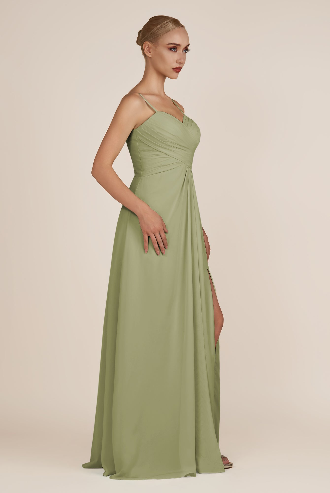 KissDress-Ysolina Thyme A Line Sweetheart Chiffon Pleated Long Bridesmaid Dress with Slit