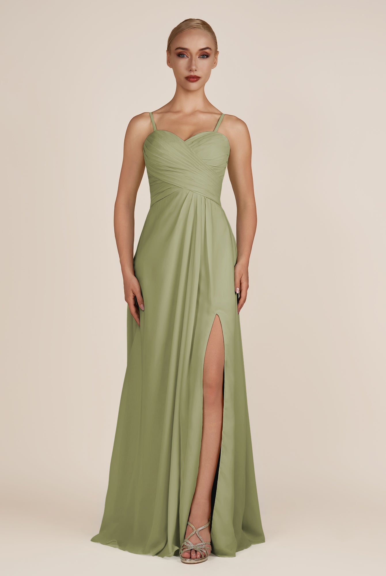 KissDress-Ysolina Thyme A Line Sweetheart Chiffon Pleated Long Bridesmaid Dress with Slit