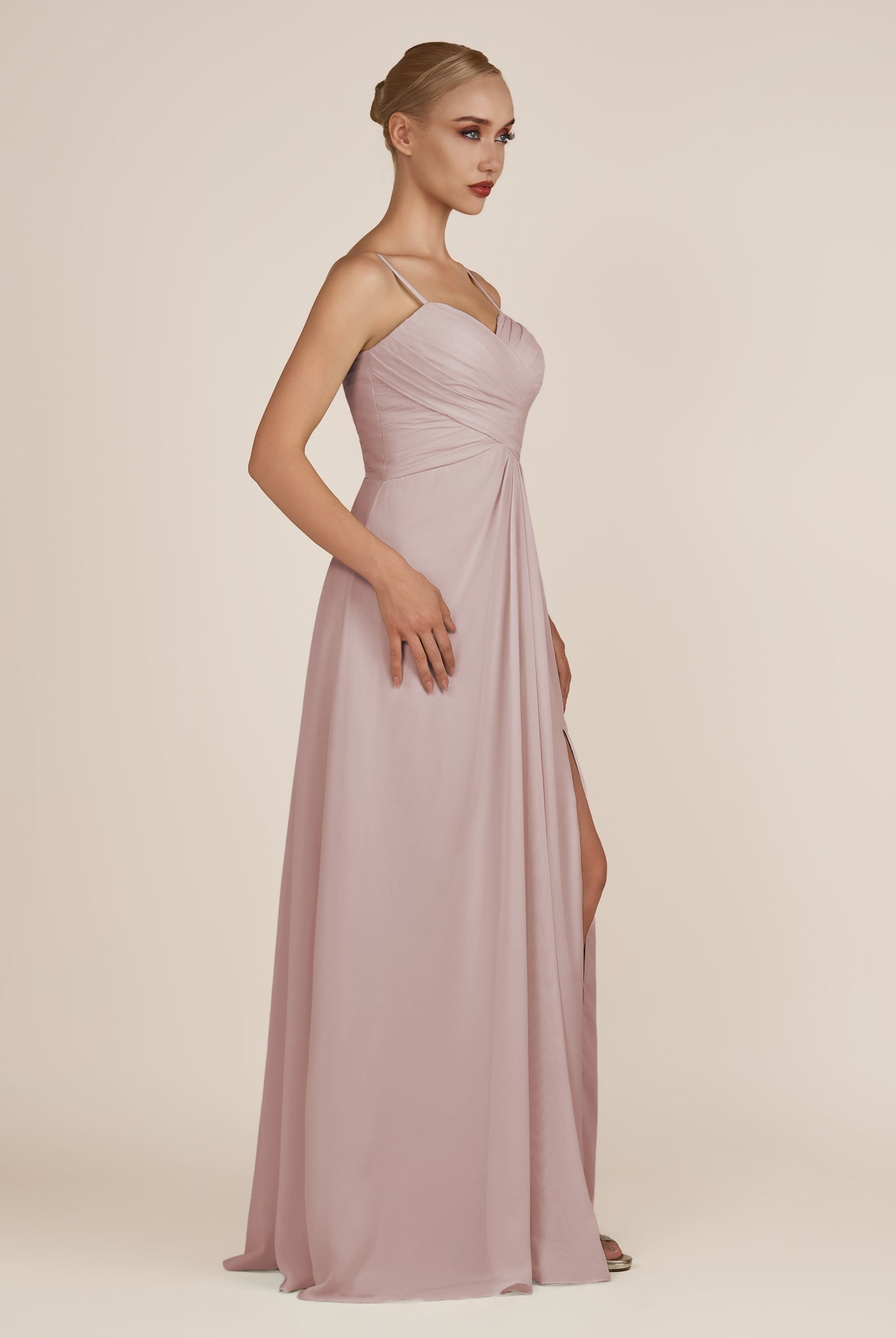KissDress-Ysolina Toffee A Line Sweetheart Chiffon Pleated Long Bridesmaid Dress with Slit