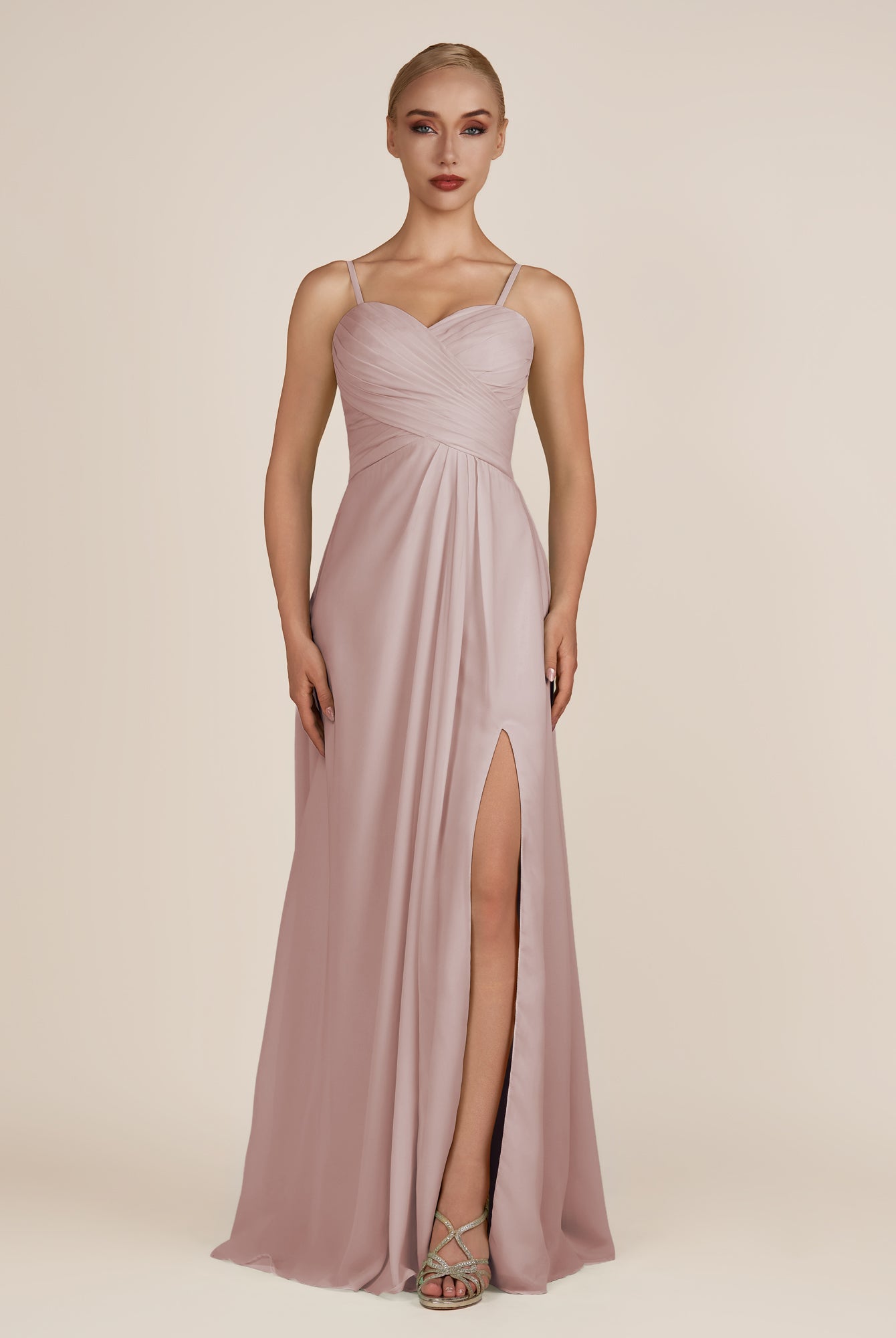 KissDress-Ysolina Toffee A Line Sweetheart Chiffon Pleated Long Bridesmaid Dress with Slit