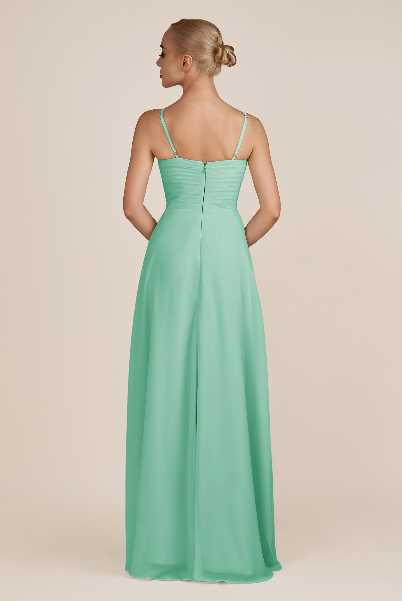 KissDress-Ysolina Turquoise A Line Sweetheart Chiffon Pleated Long Bridesmaid Dress with Slit