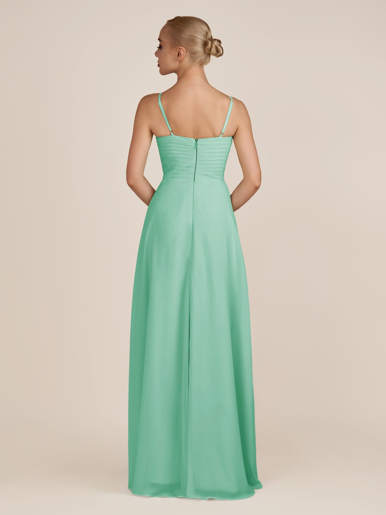 KissDress-Ysolina Turquoise A Line Sweetheart Chiffon Pleated Long Bridesmaid Dress with Slit