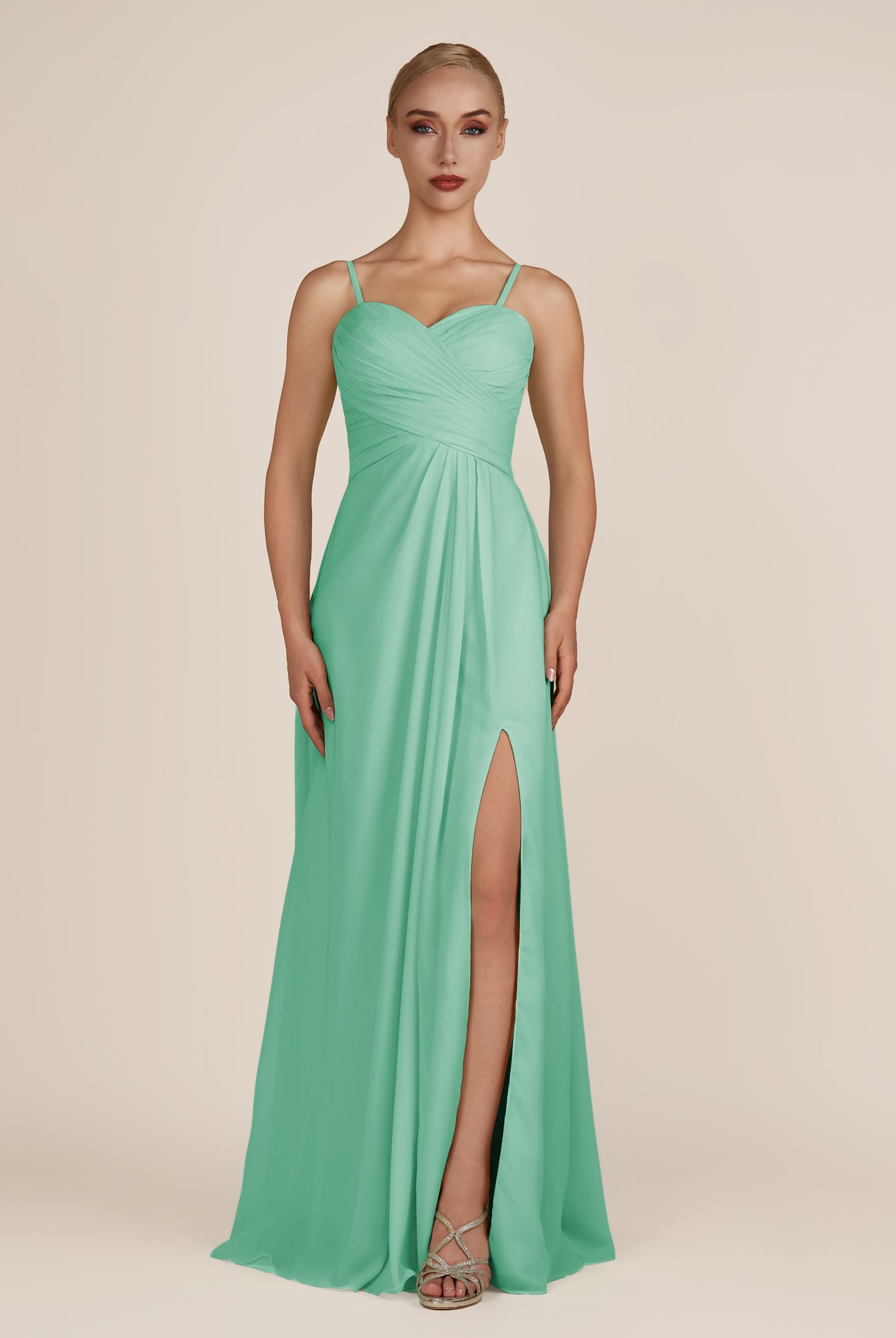 KissDress-Ysolina Turquoise A Line Sweetheart Chiffon Pleated Long Bridesmaid Dress with Slit