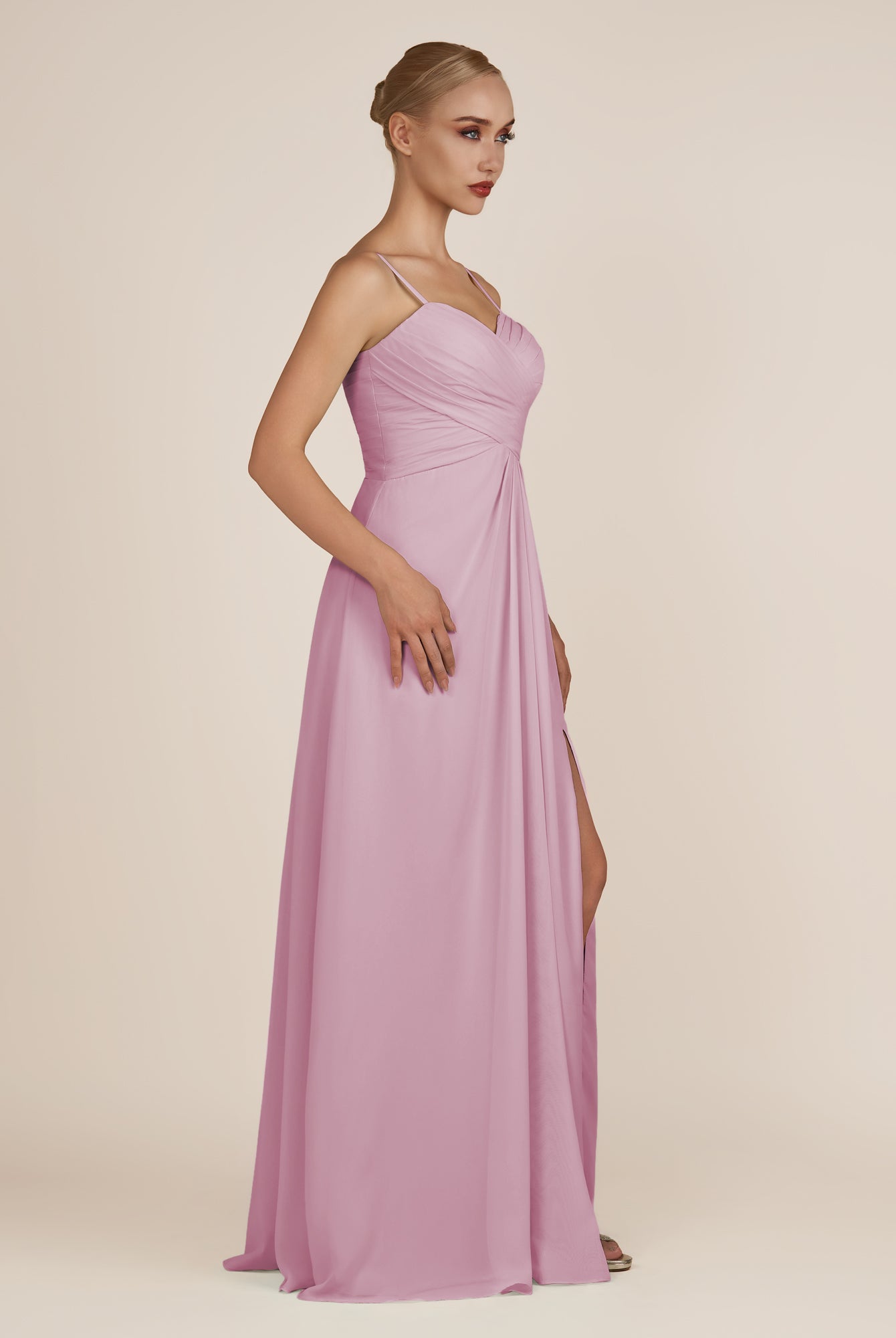 KissDress-Ysolina Vintage Mauve A Line Sweetheart Chiffon Pleated Long Bridesmaid Dress with Slit