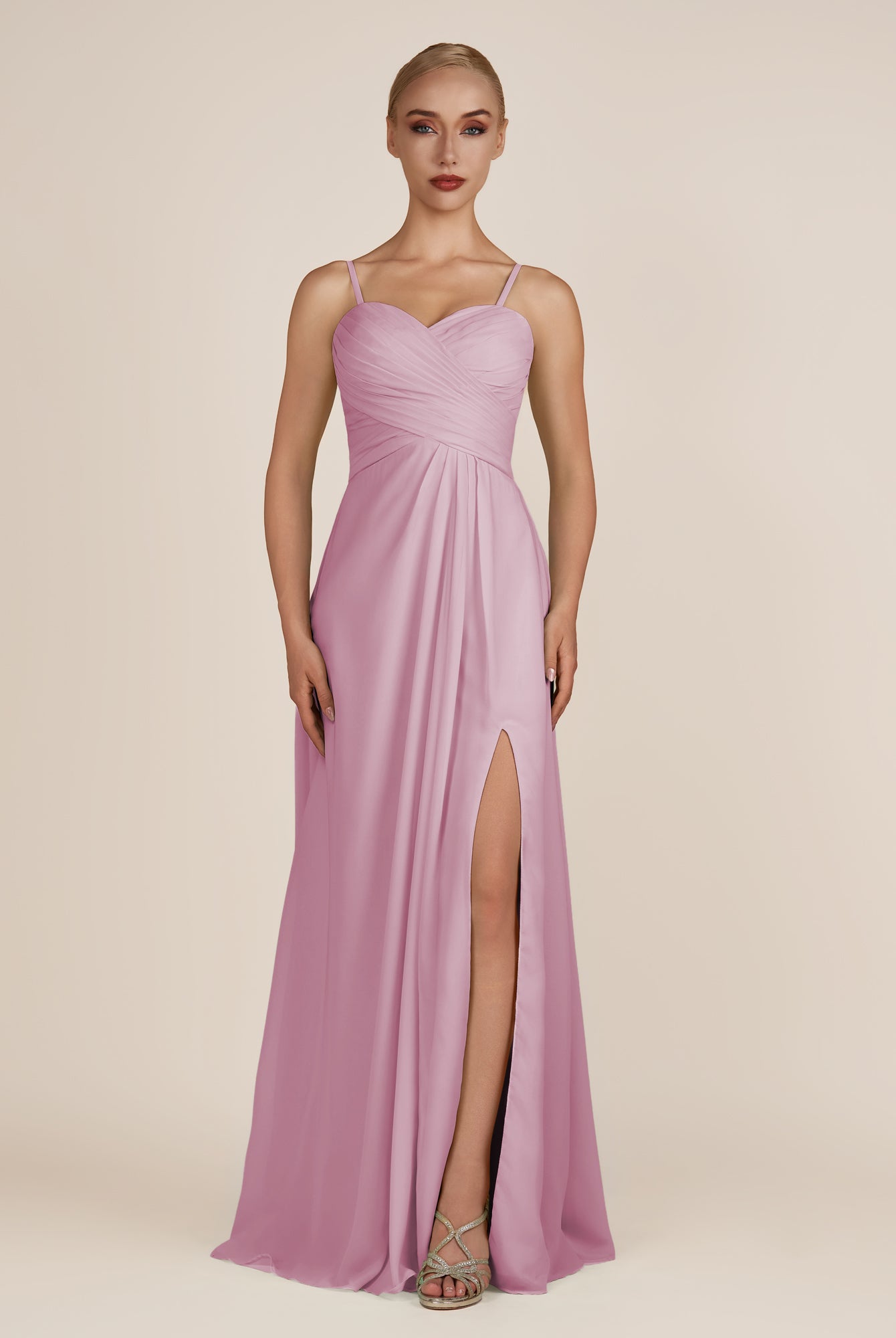 KissDress-Ysolina Vintage Mauve A Line Sweetheart Chiffon Pleated Long Bridesmaid Dress with Slit