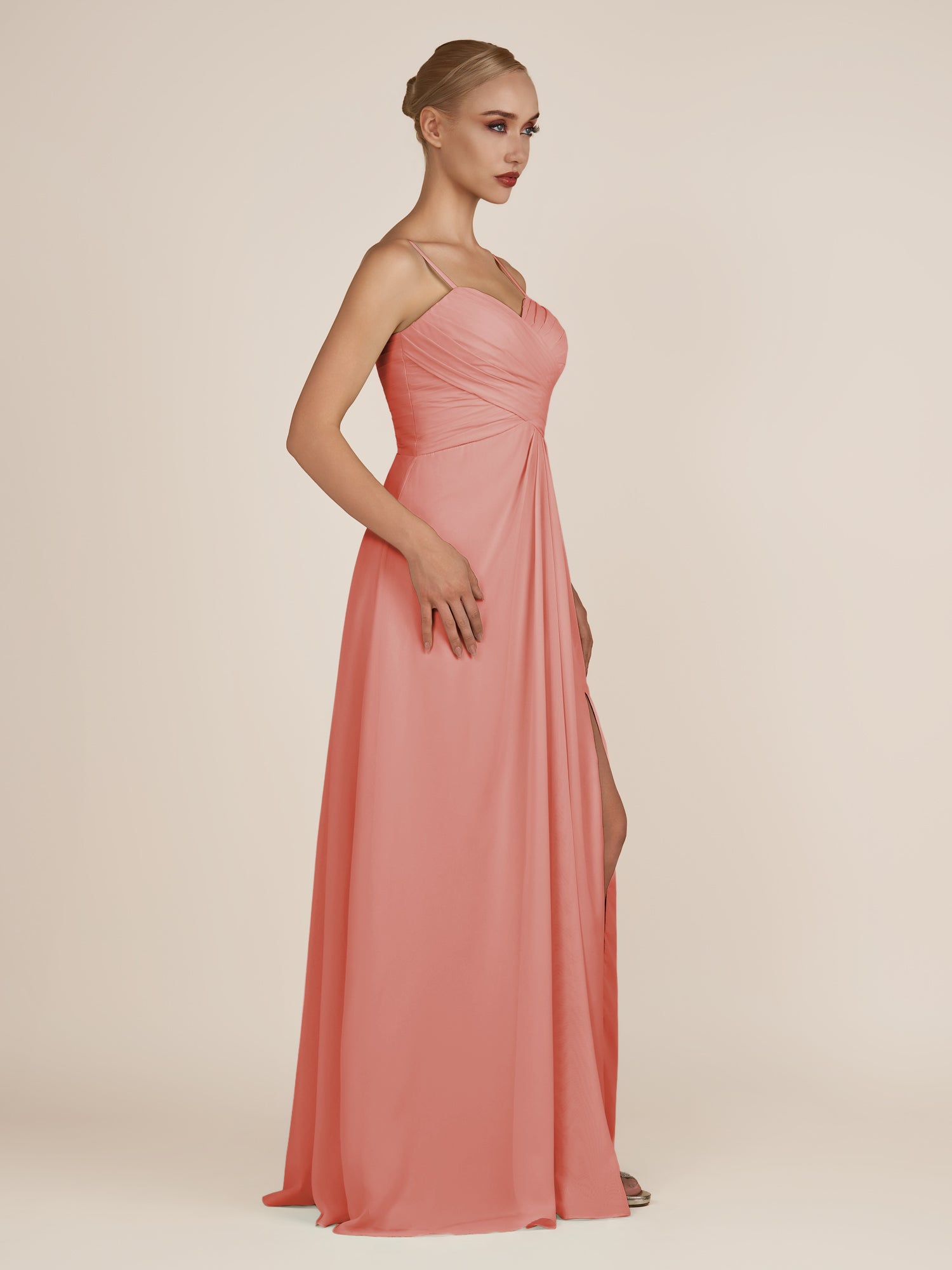 KissDress-Ysolina Wild Rose A Line Sweetheart Chiffon Pleated Long Bridesmaid Dress with Slit