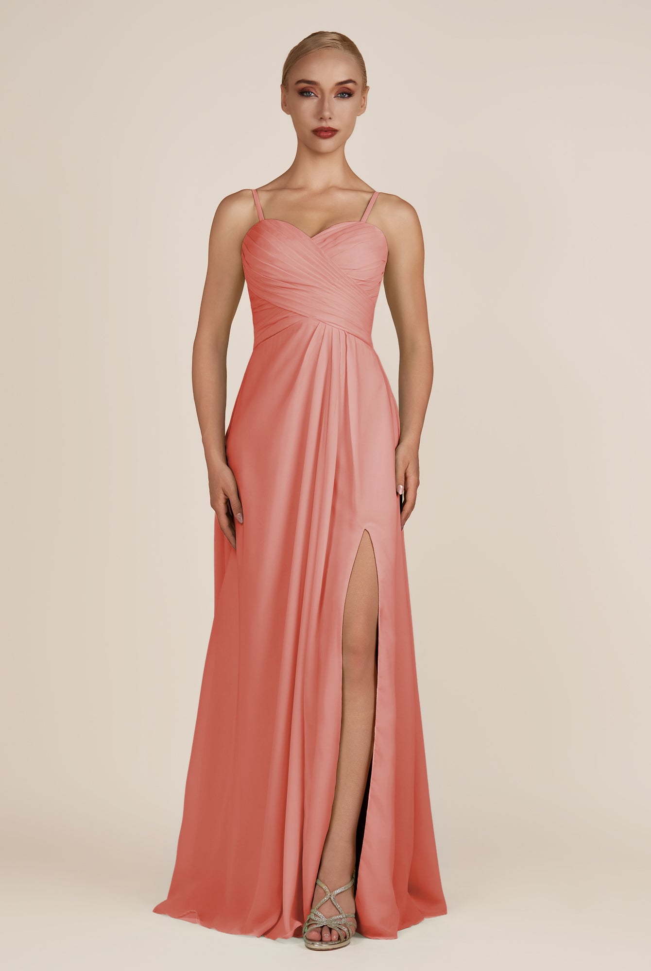 KissDress-Ysolina Wild Rose A Line Sweetheart Chiffon Pleated Long Bridesmaid Dress with Slit