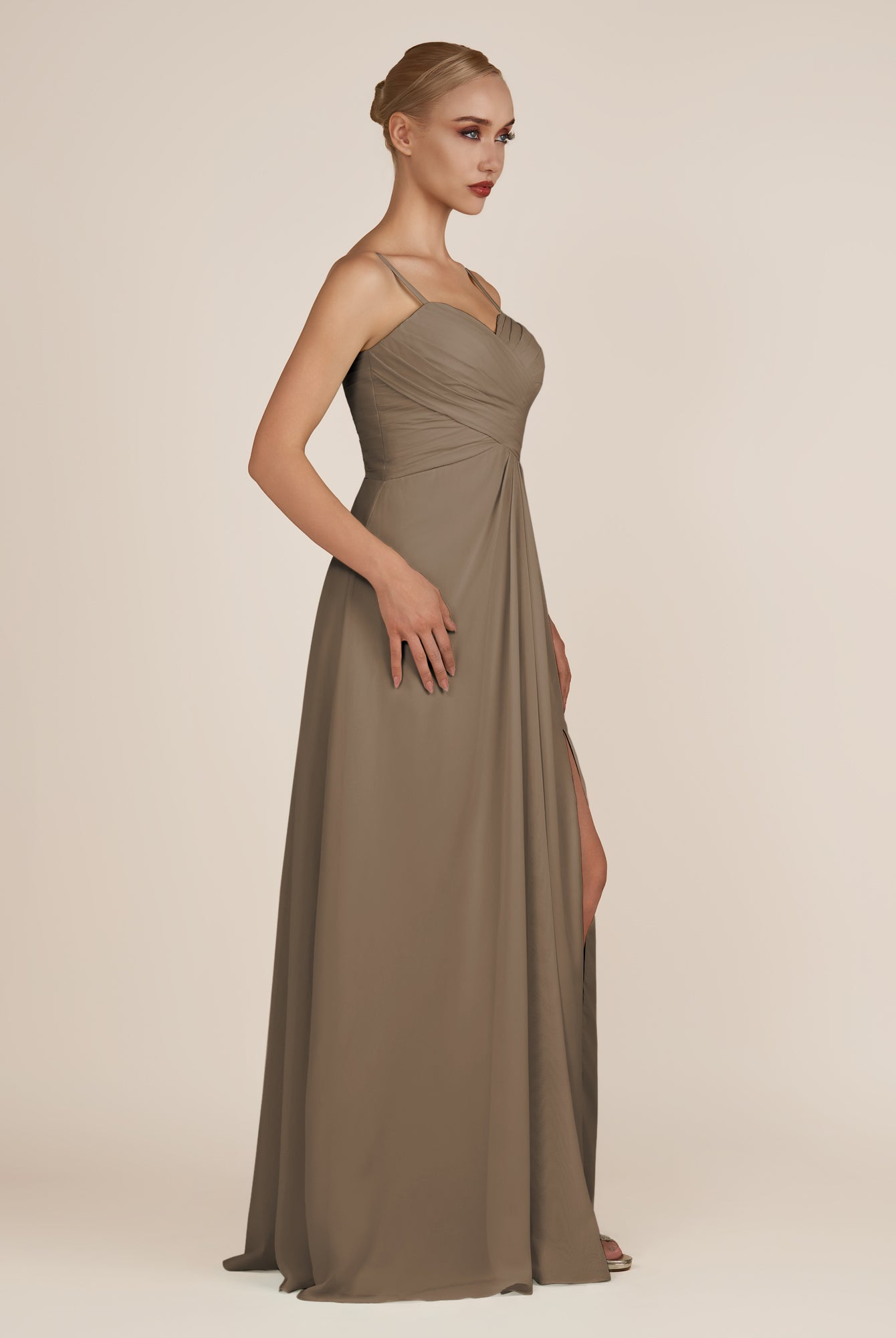 KissDress-Ysolina Willow Green A Line Sweetheart Chiffon Pleated Long Bridesmaid Dress with Slit