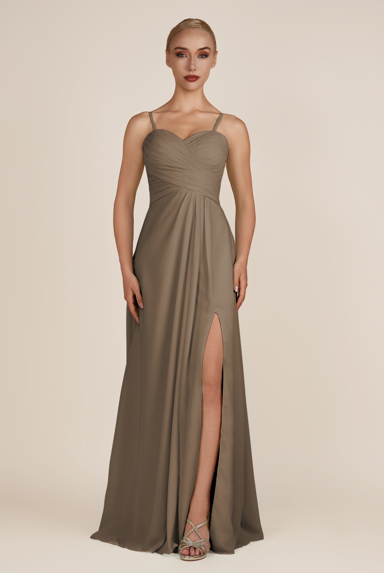 KissDress-Ysolina Willow Green A Line Sweetheart Chiffon Pleated Long Bridesmaid Dress with Slit