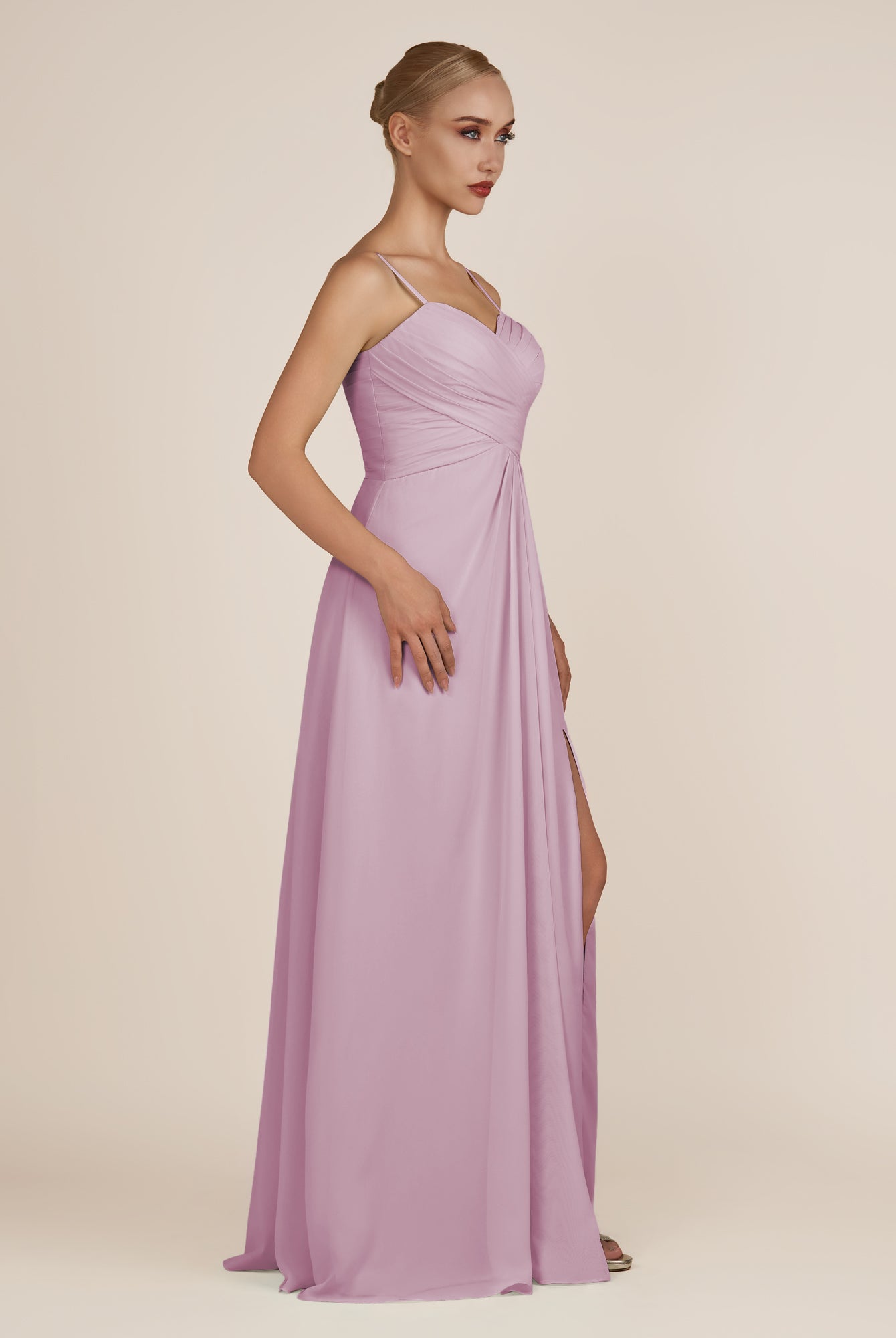 KissDress-Ysolina Wisteria A Line Sweetheart Chiffon Pleated Long Bridesmaid Dress with Slit